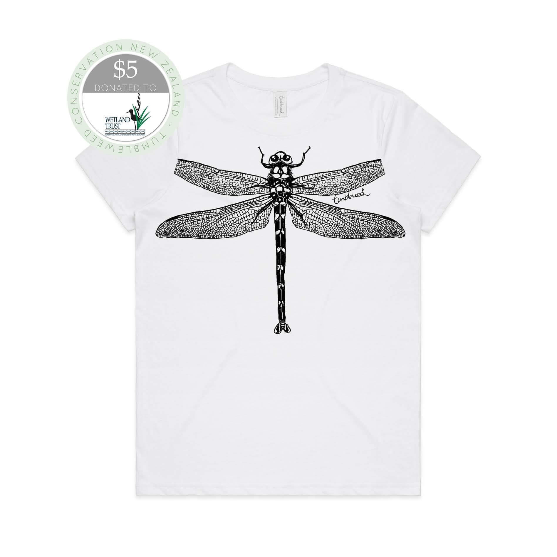 White, female t-shirt featuring a screen printed nz dragonfly design.
