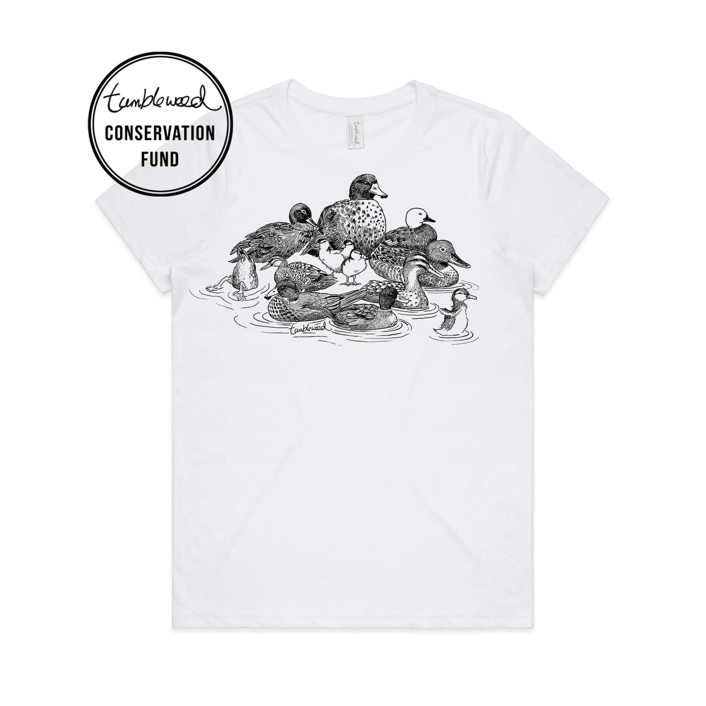Grey marle, female t-shirt featuring a screen printed NZ Ducks design.