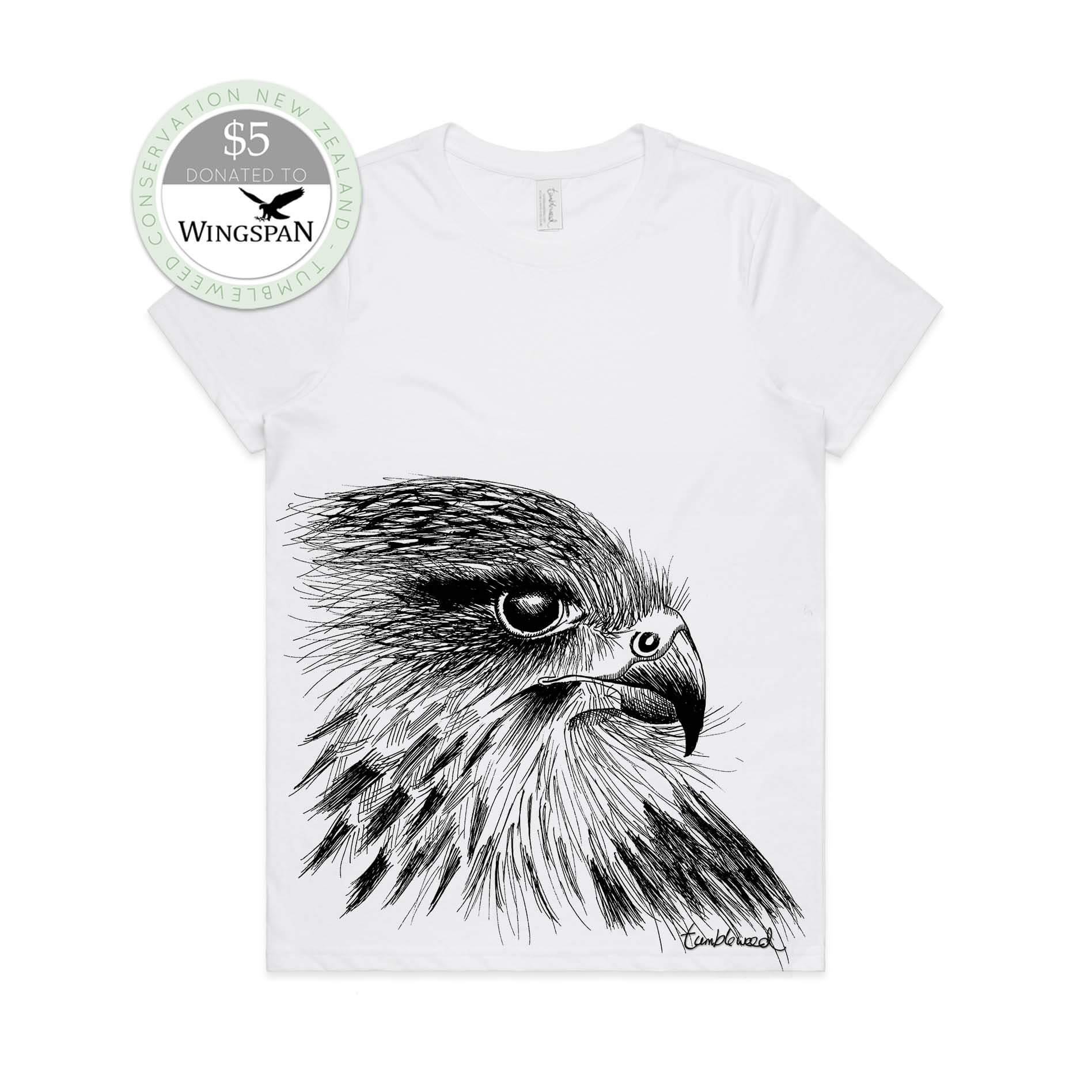 White, female t-shirt featuring a screen printed Kārearea/NZ Falcon design.
