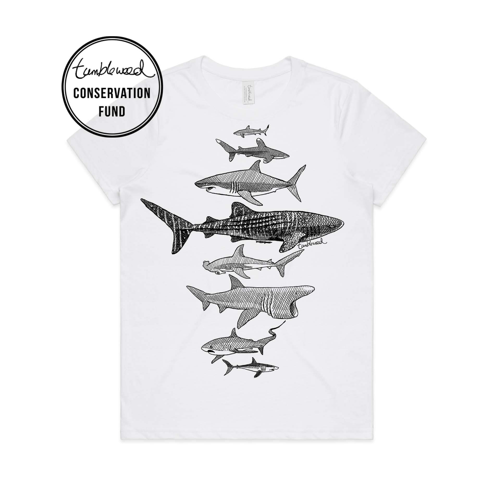 White, female t-shirt featuring a screen printed Sharks design.