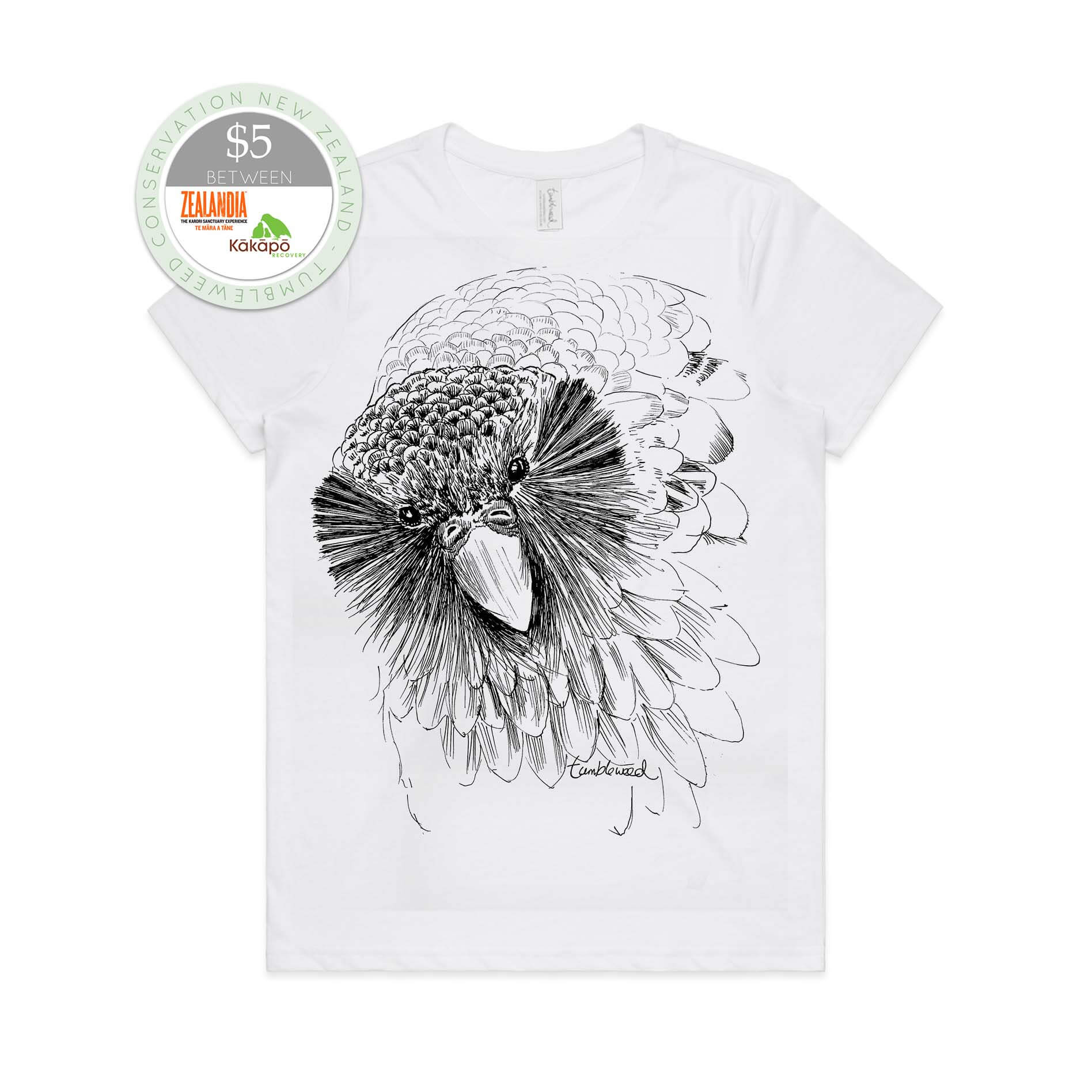 White, female t-shirt featuring a screen printed Sirocco the Kākāpō design.