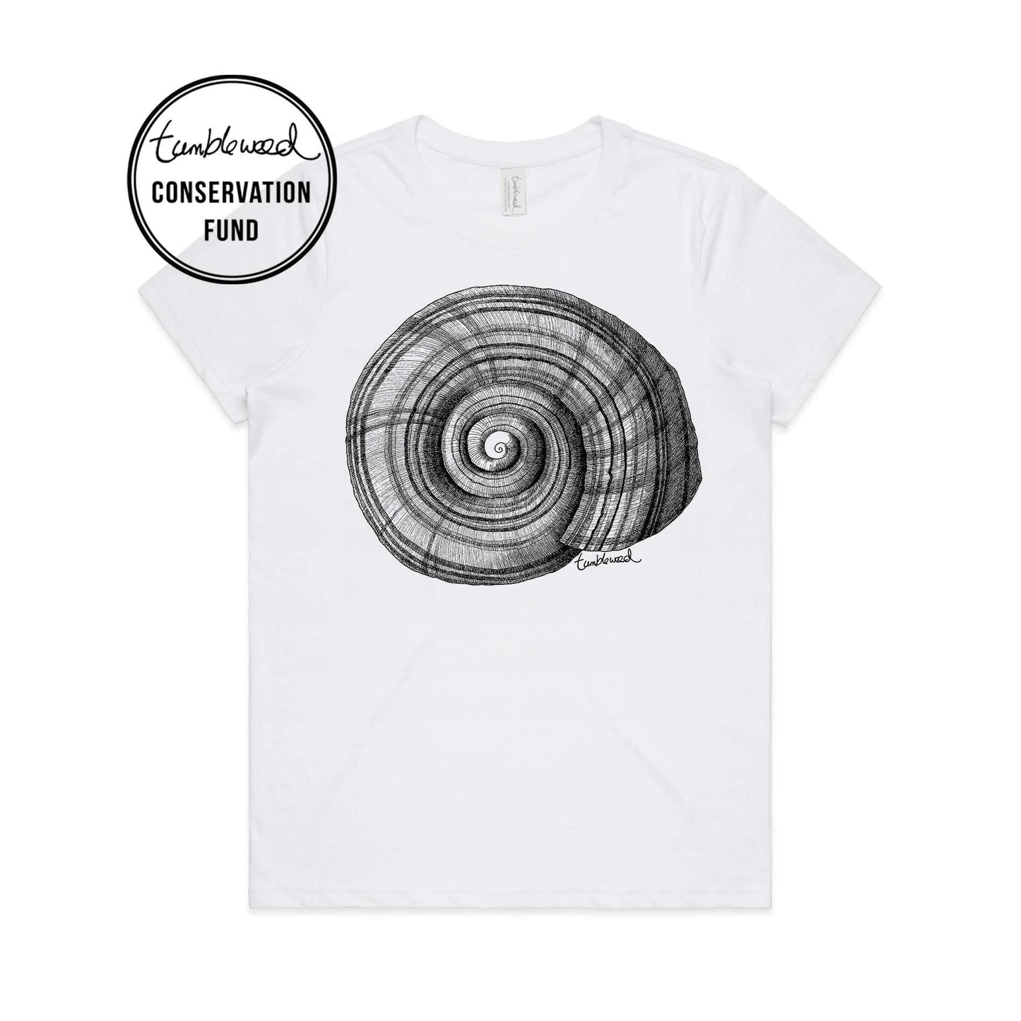 White, female t-shirt featuring a screen printed NZ Snail design.