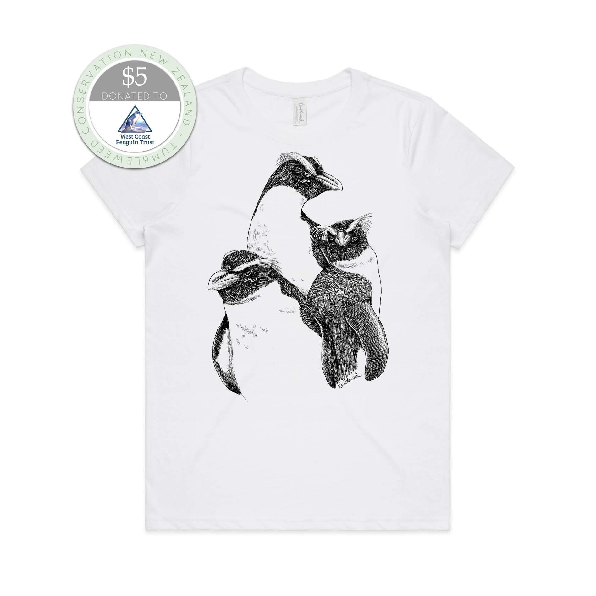 White, female t-shirt featuring a screen printed Fiordland Crested penguin/tawaki design.