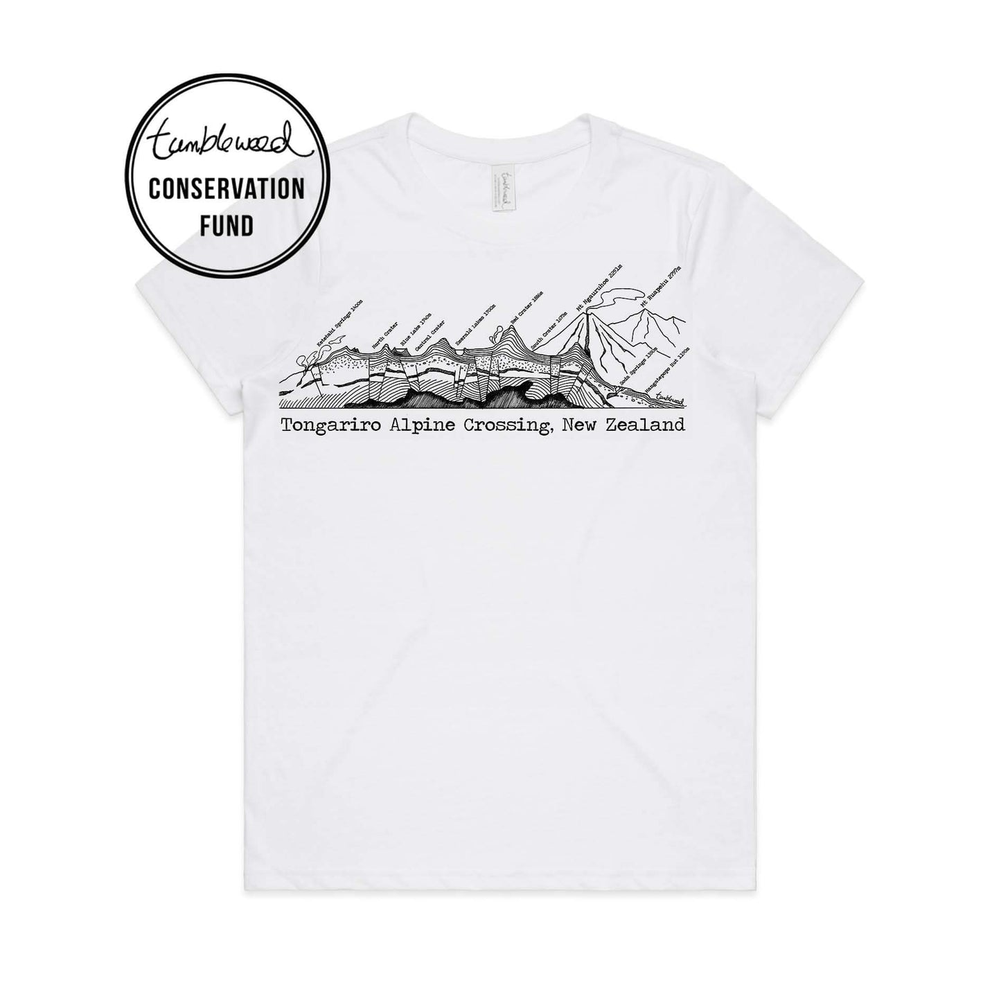 White, female t-shirt featuring a screen printed Tongariro Crossing design.