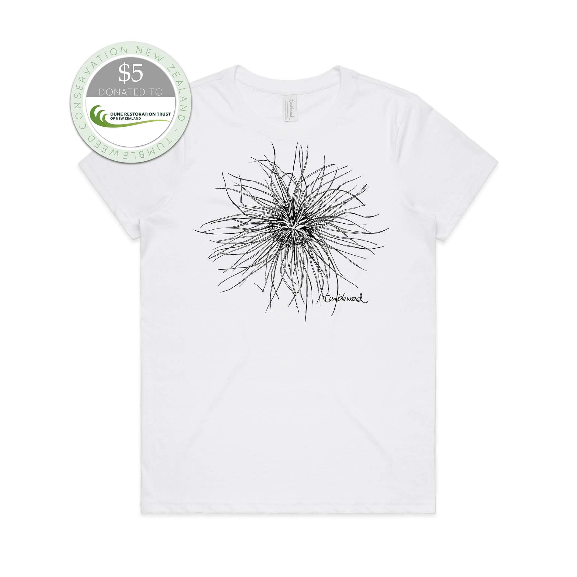 White, female t-shirt featuring a screen printed Tumbleweed design.