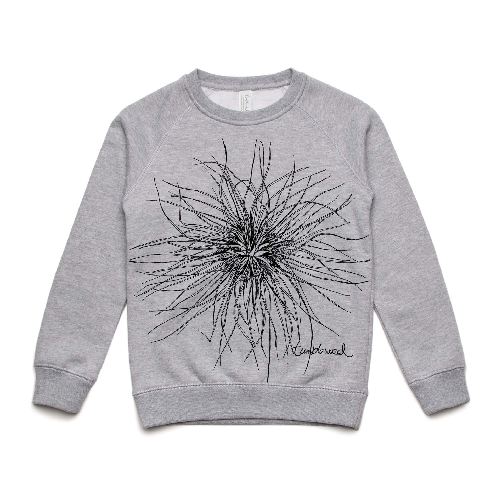 Kids' grey marle sweatshirt featuring a screen printed Tumbleweed design.