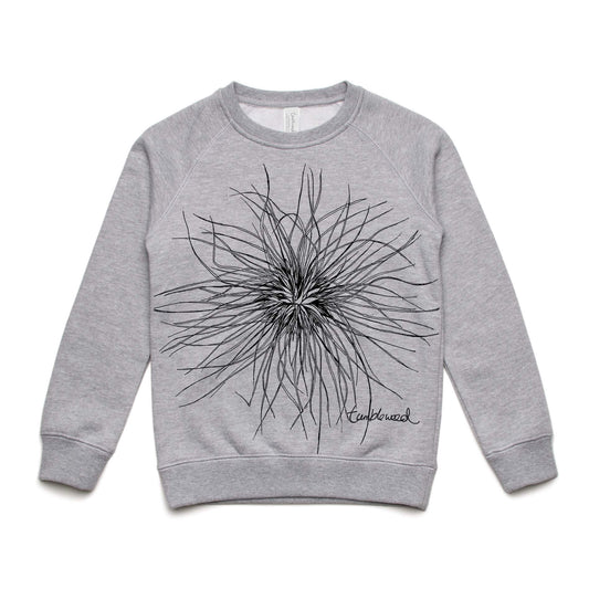 Kids' grey marle sweatshirt featuring a screen printed Tumbleweed design.