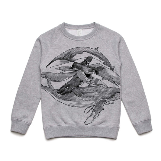 Kids' grey marle sweatshirt featuring a screen printed Whales design.
