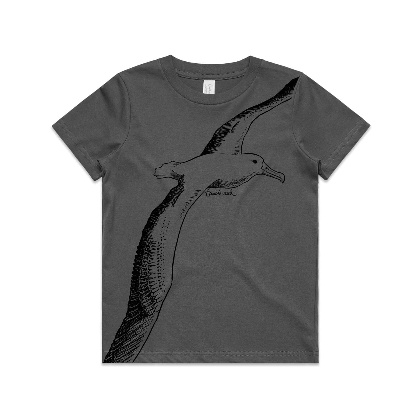 Charcoal, cotton kids' t-shirt with screen printed albatross design.
