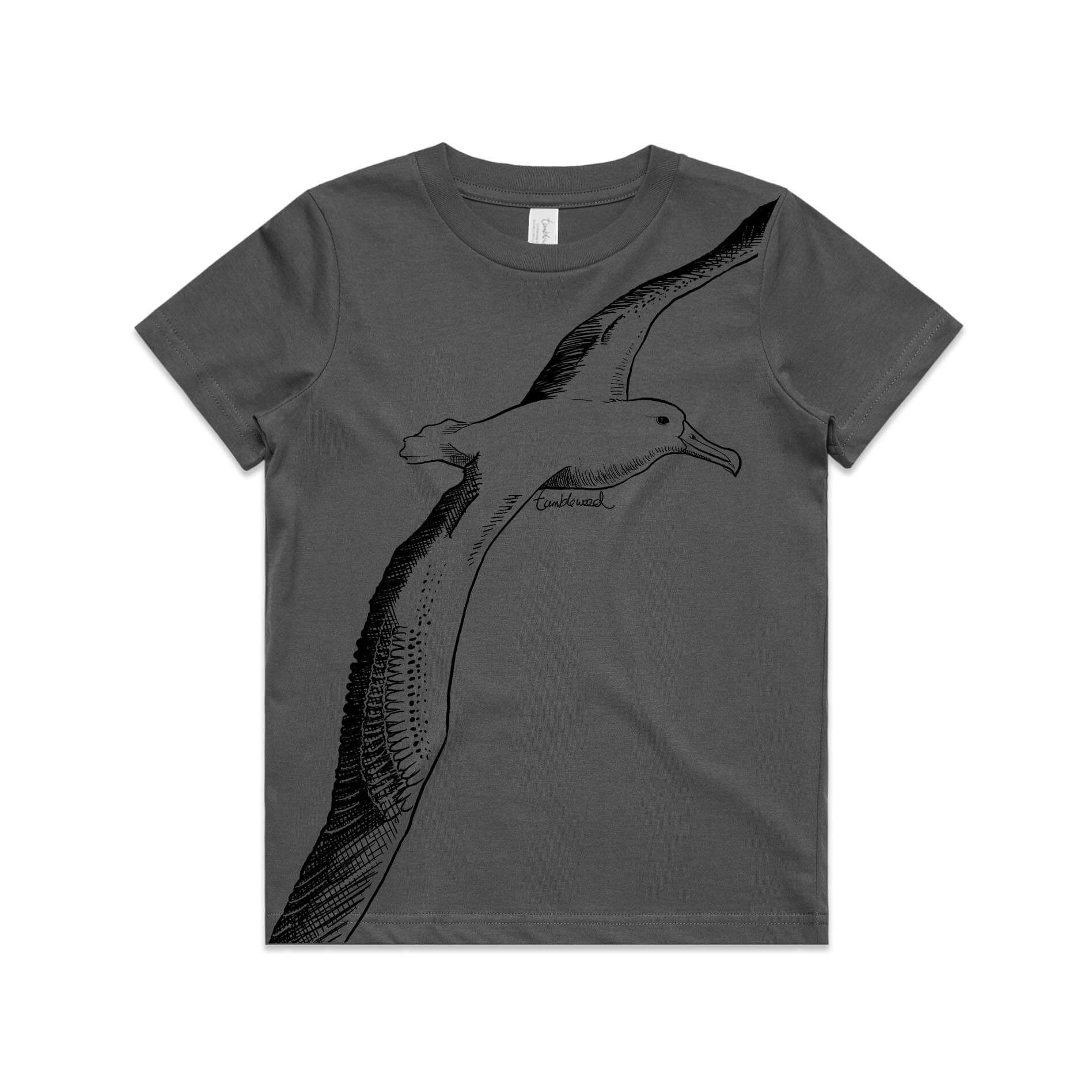 Charcoal, cotton kids' t-shirt with screen printed albatross design.