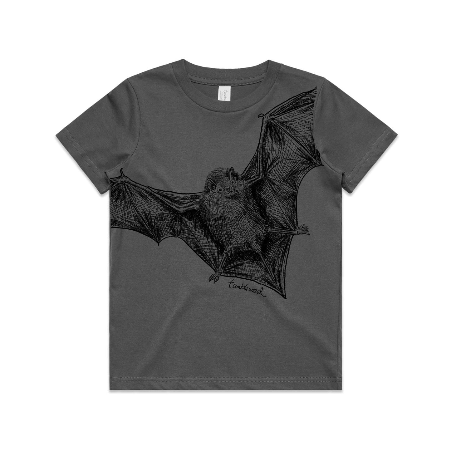 Charcoal, cotton kids' t-shirt with screen printed Kids bat design.