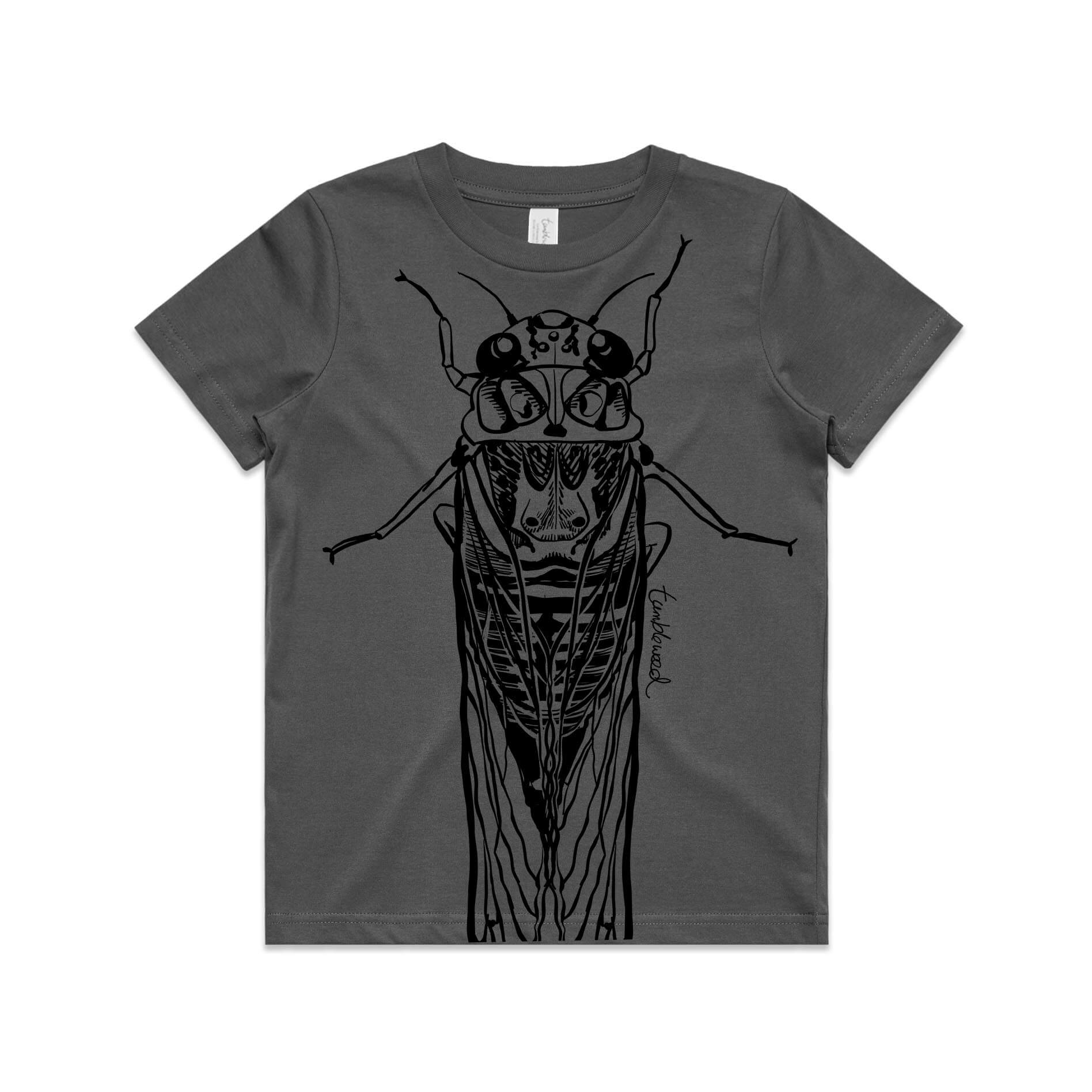 Charcoal, cotton kids' t-shirt with screen printed cicada/kihikihi-wawā design.