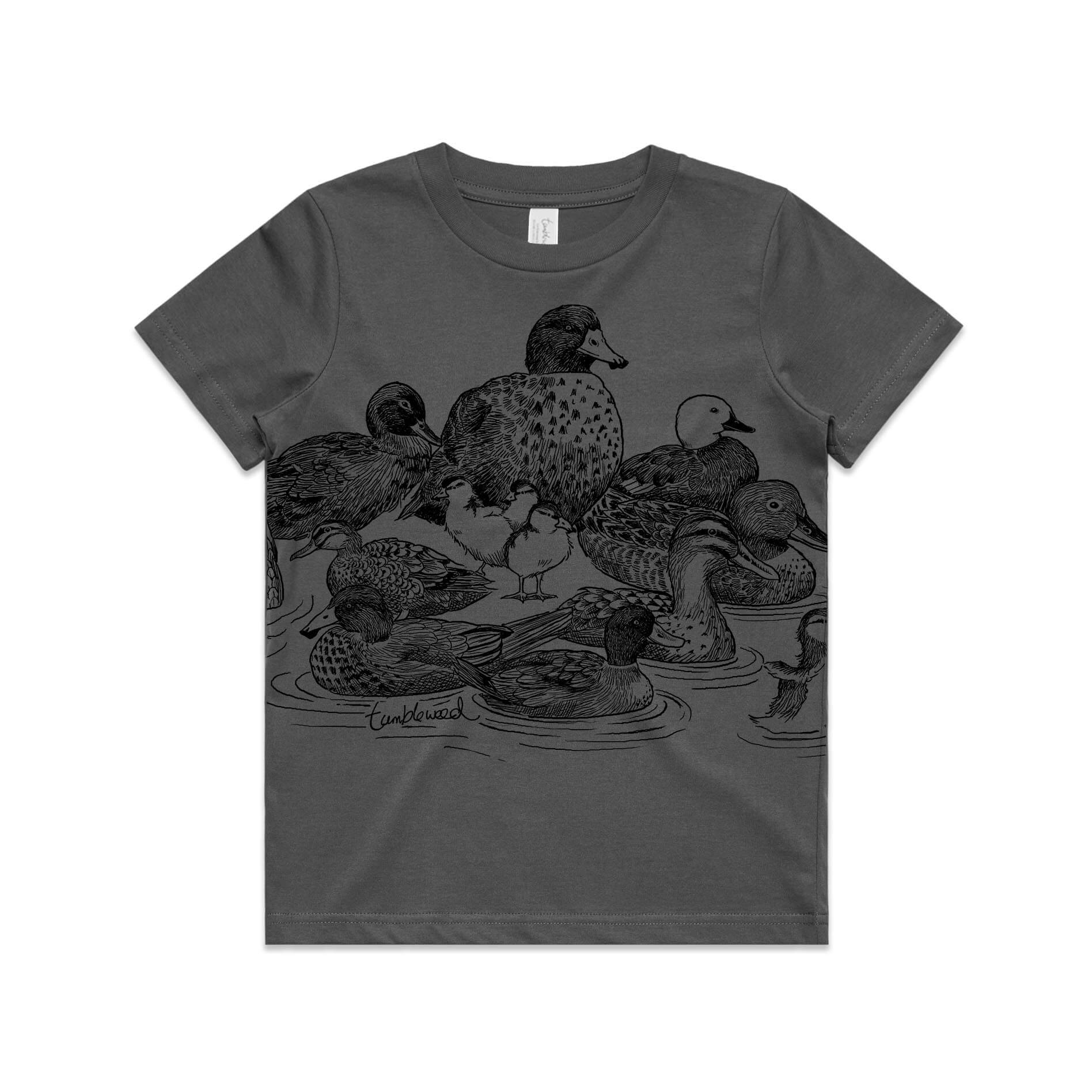 Charcoal, cotton kids' t-shirt with screen printed ducks design.