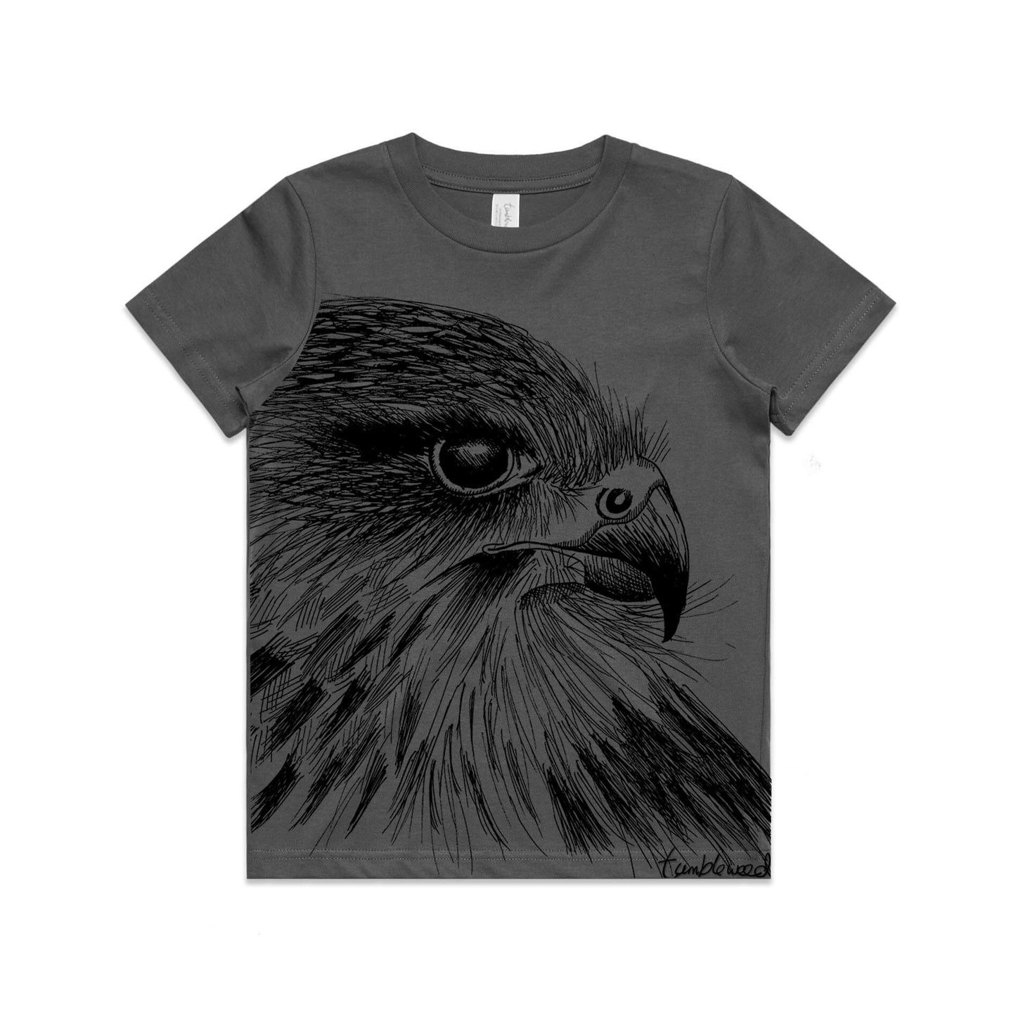 Charcoal, cotton kids' t-shirt with screen printed Kids Karearea/NZ Falcon design.