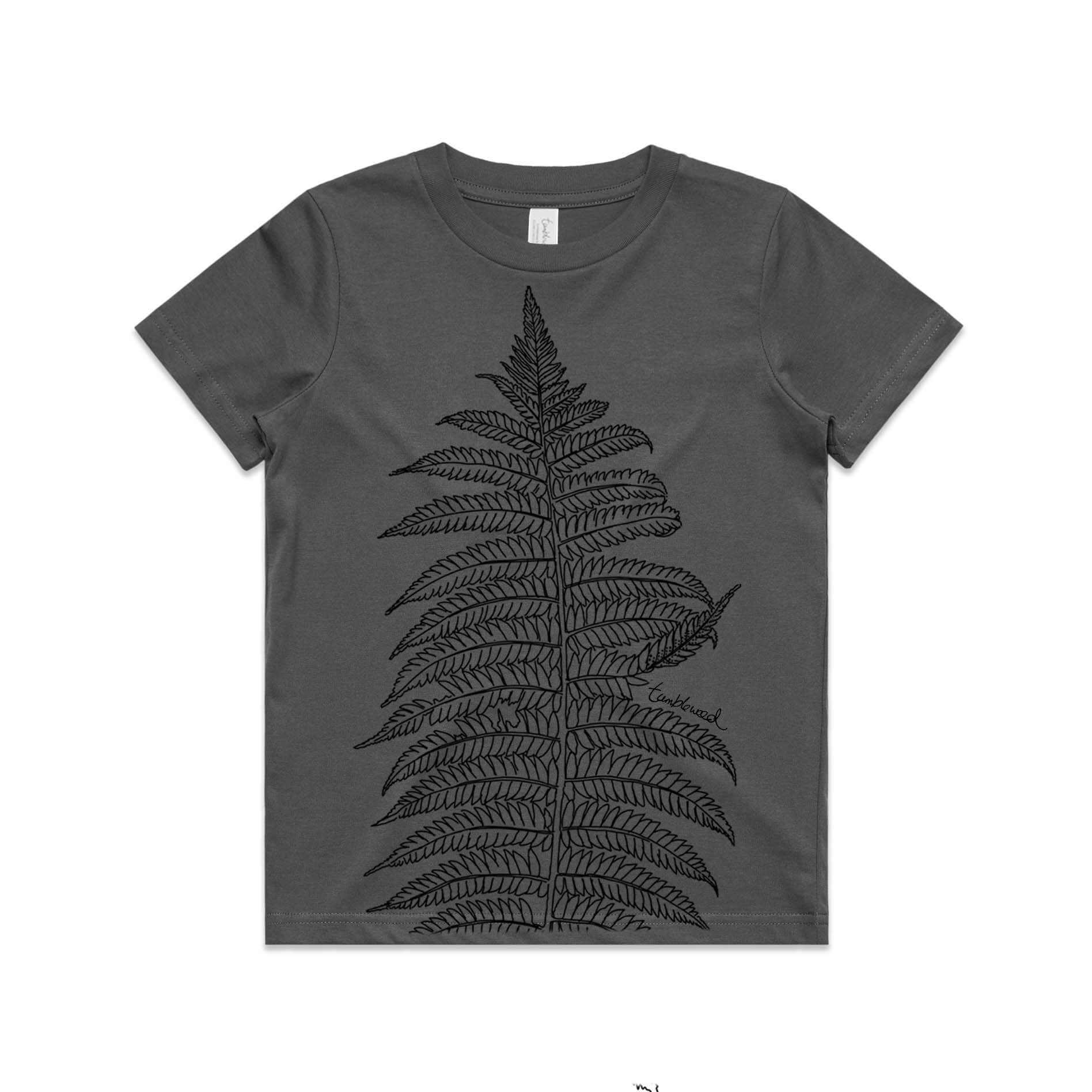 Charcoal, cotton kids' t-shirt with screen printed Silver fern/ponga design.