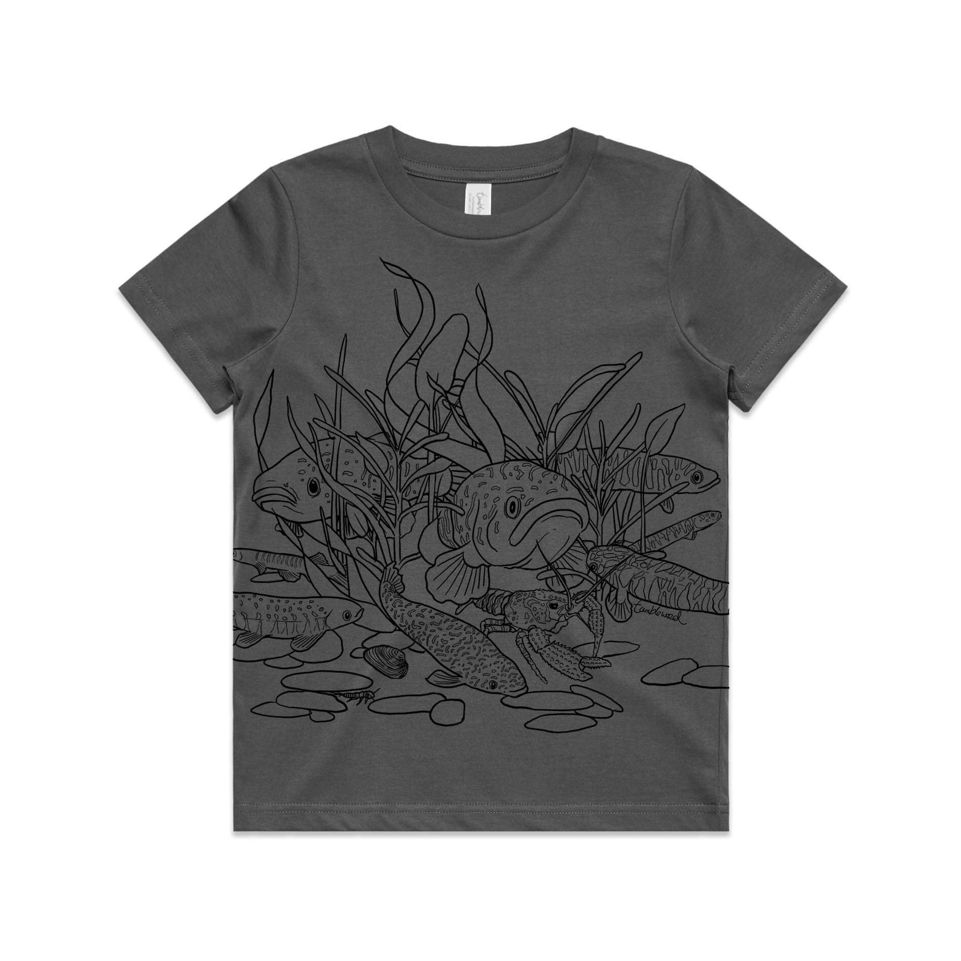 Charcoal, cotton kids' t-shirt with screen printed freshwater fish design.