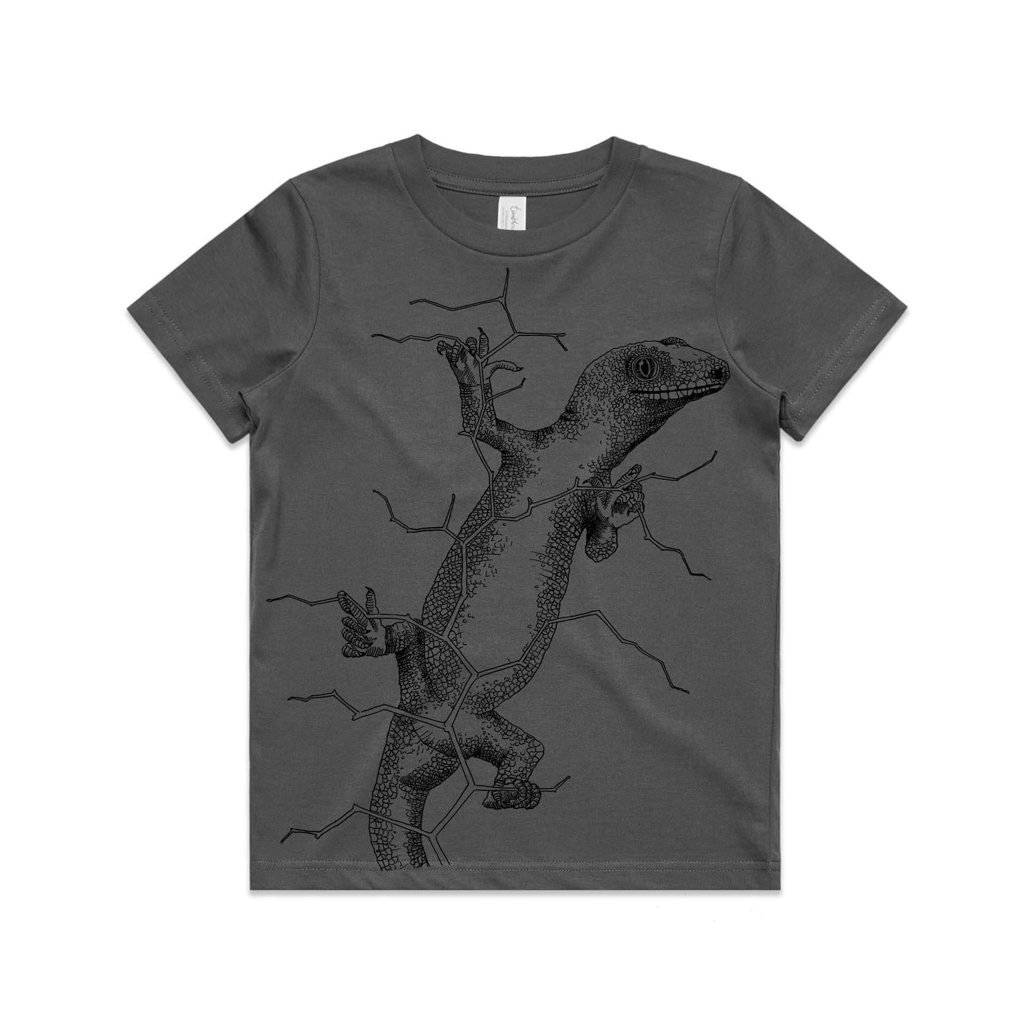 Charcoal, cotton kids' t-shirt with screen printed gecko design.