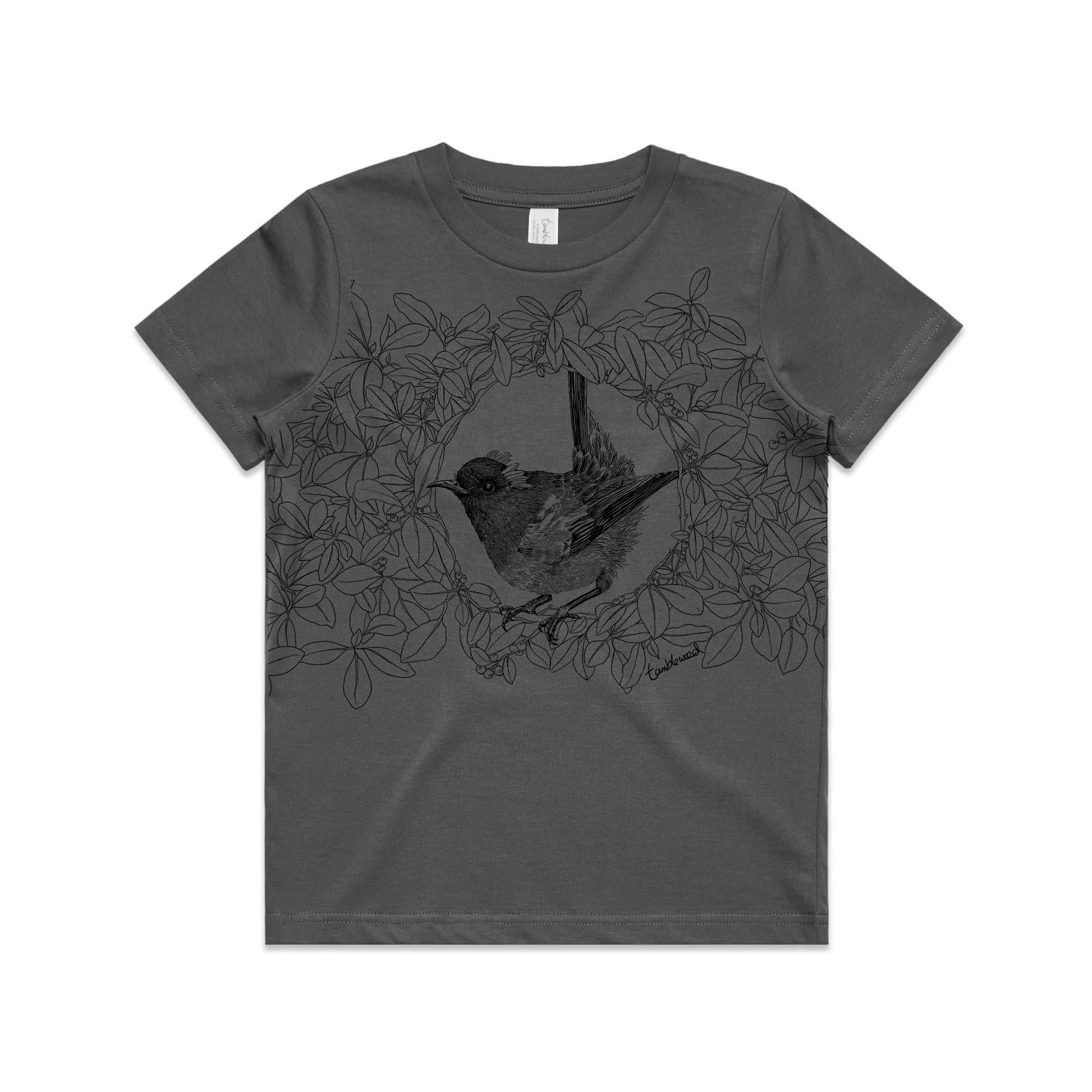 Charcoal, cotton kids' t-shirt with screen printed Kids hihi/stitchbird design.