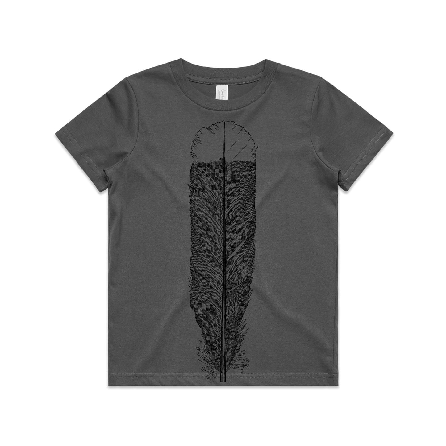 Charcoal, cotton kids' t-shirt with screen printed Kids huia feather design.