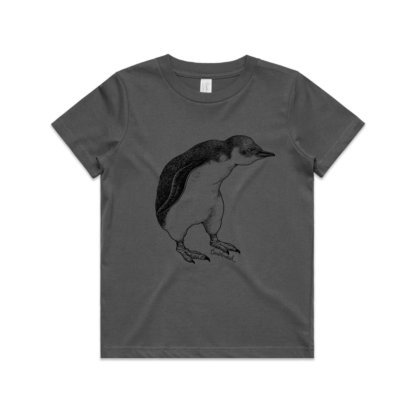 Charcoal, cotton kids' t-shirt with screen printed Kids little penguin design.