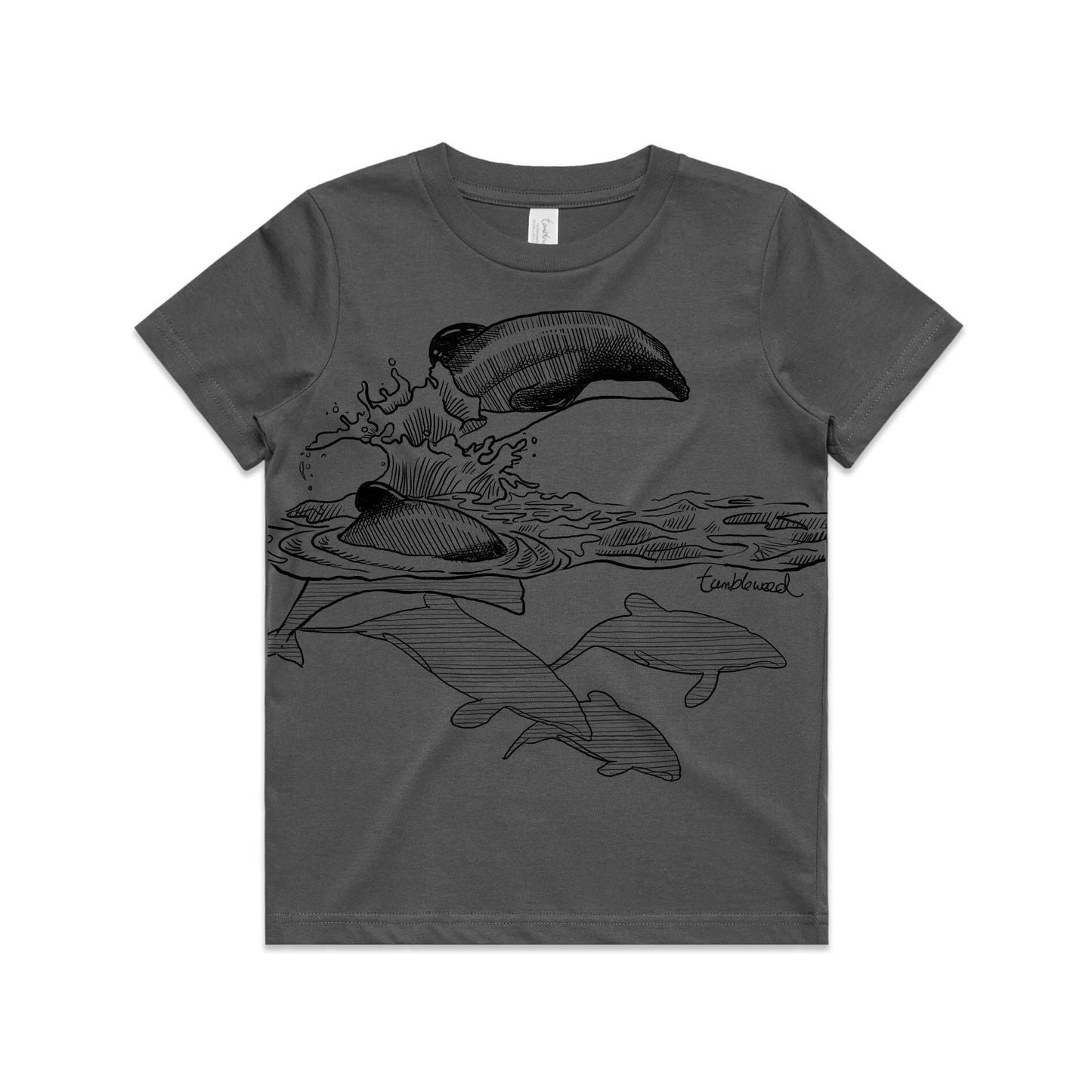 Charcoal, cotton kids' t-shirt with screen printed ducks maui dolphin design.