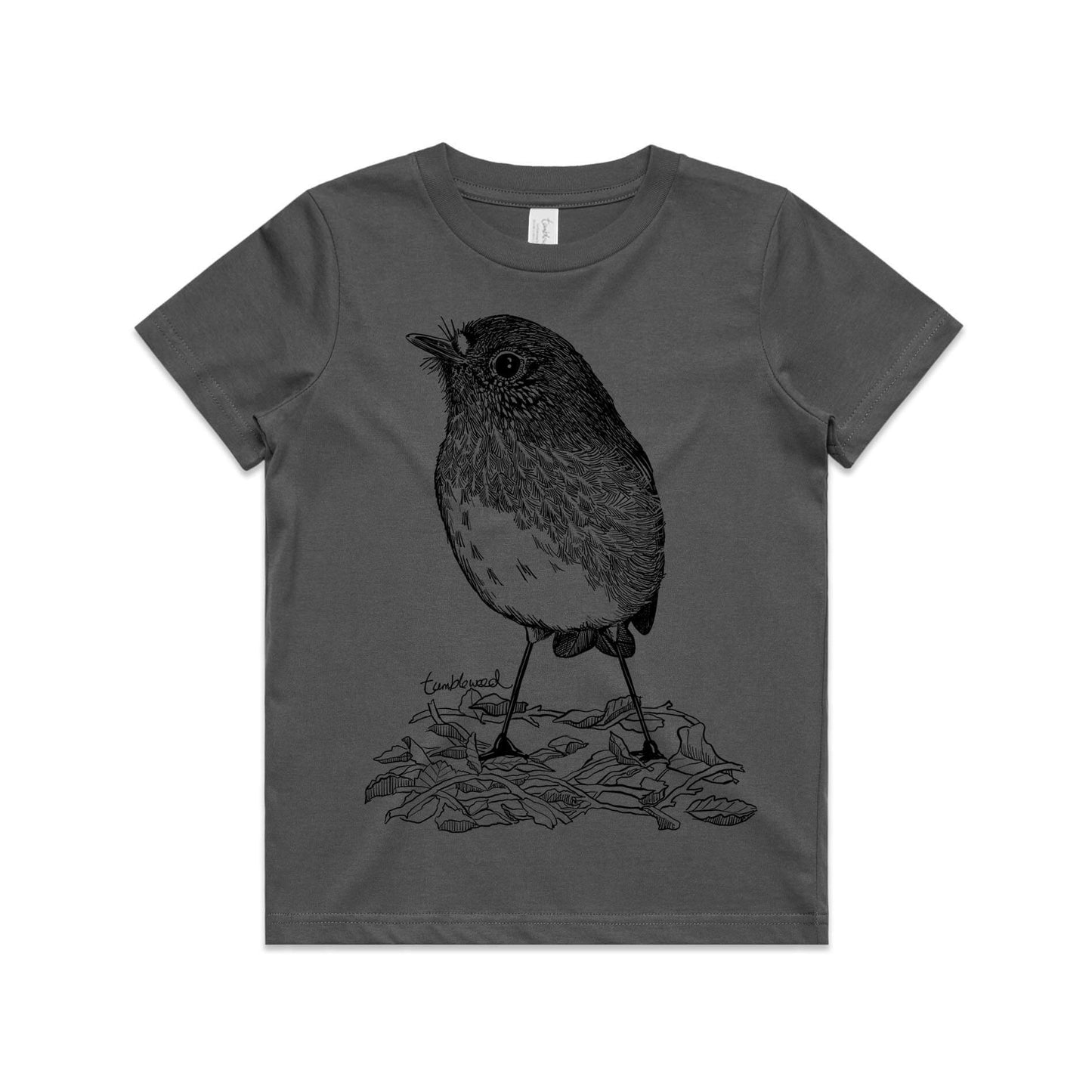 Charcoal, cotton kids' t-shirt with screen printed North Island robin/toutouwai design.
