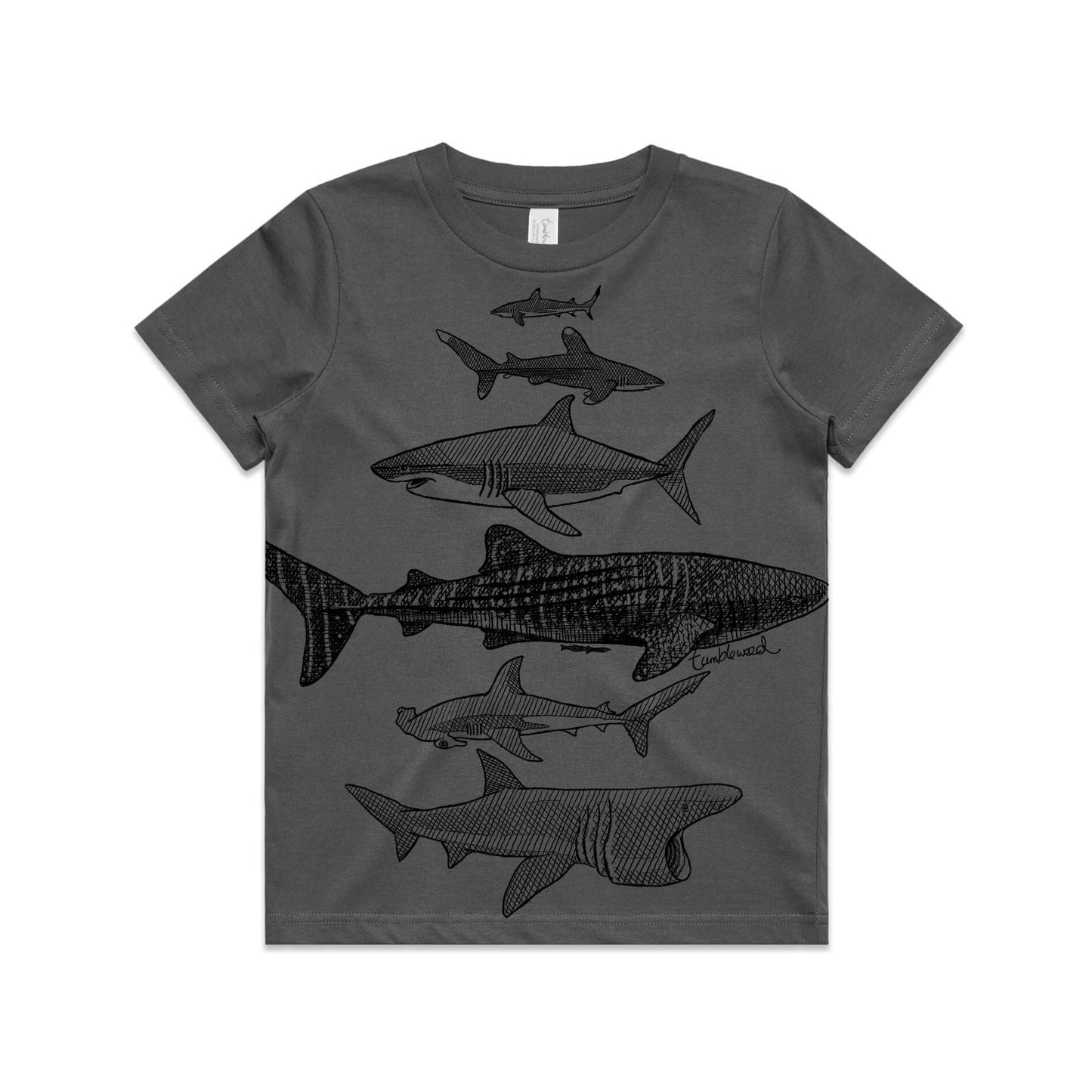 Charcoal, cotton kids' t-shirt with screen printed Kids shark design.