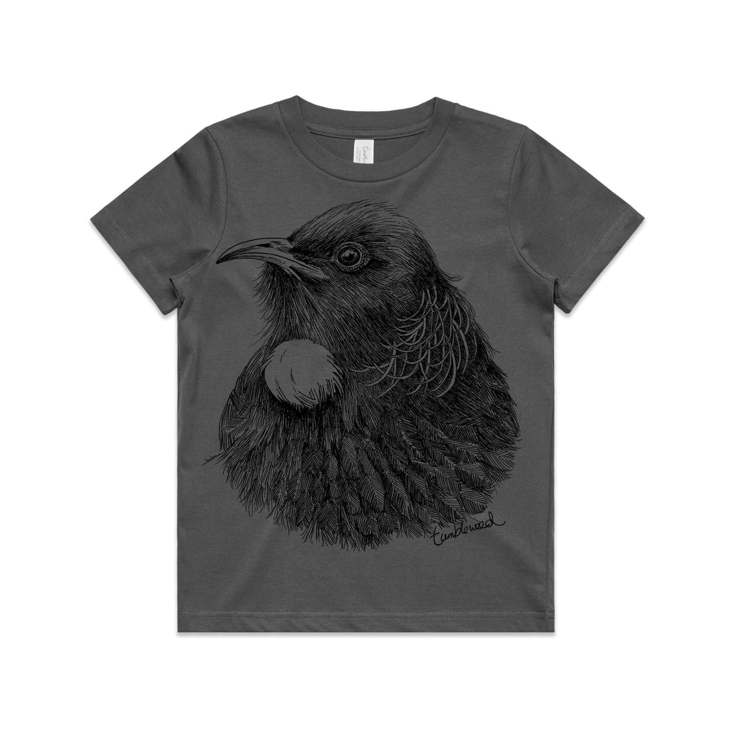 Charcoal, cotton kids' t-shirt with screen printed tui design.