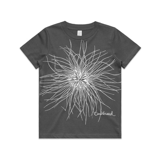 Charcoal, cotton kids' t-shirt with screen printed Kids tumbleweed/spinifex design.