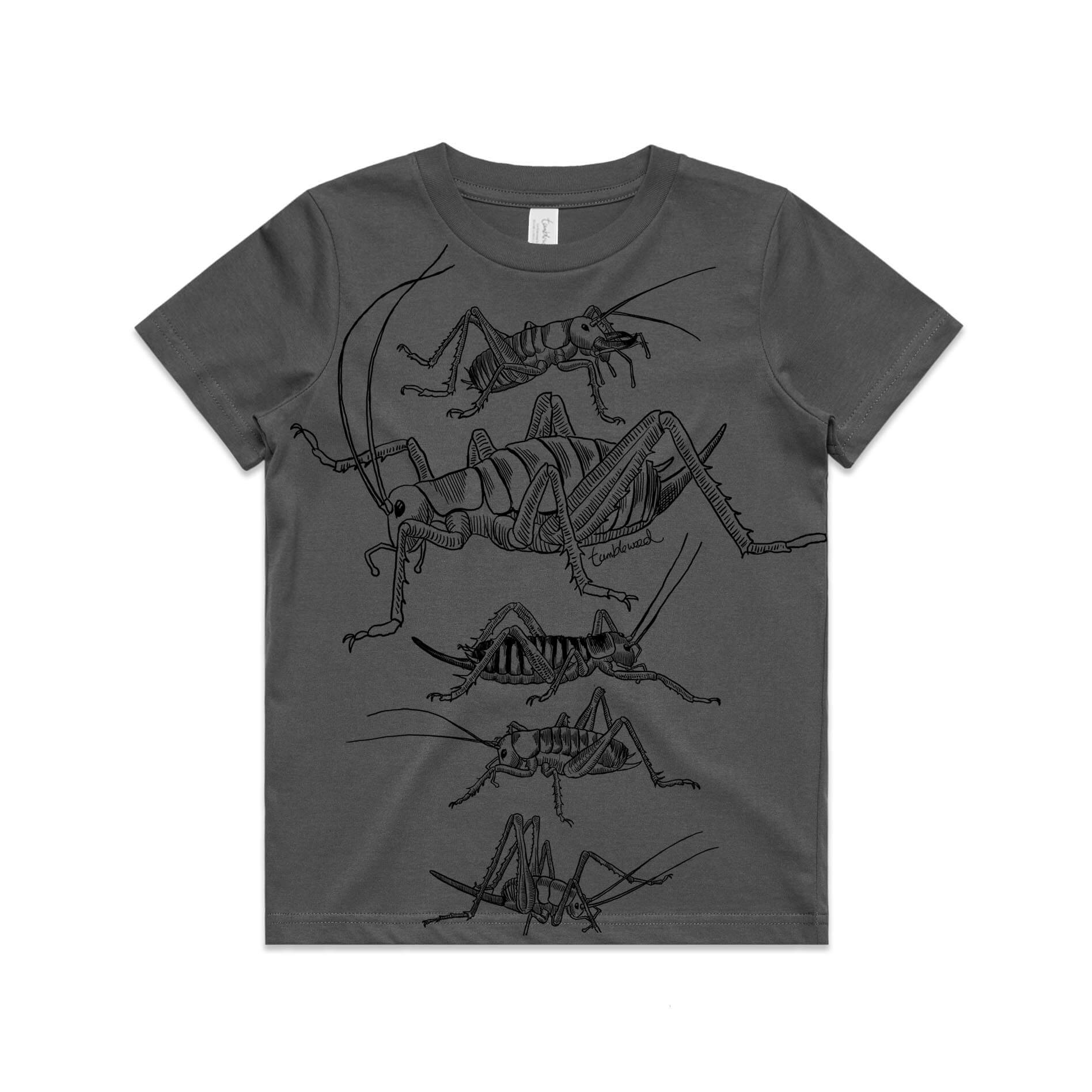Charcoal, cotton kids' t-shirt with screen printed weta design.