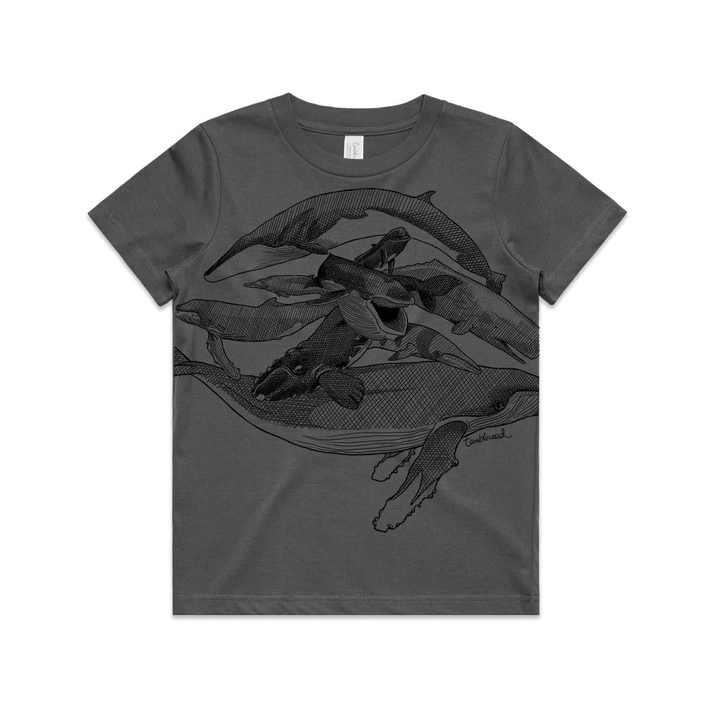 Charcoal, cotton kids' t-shirt with screen printed Kids whales design.
