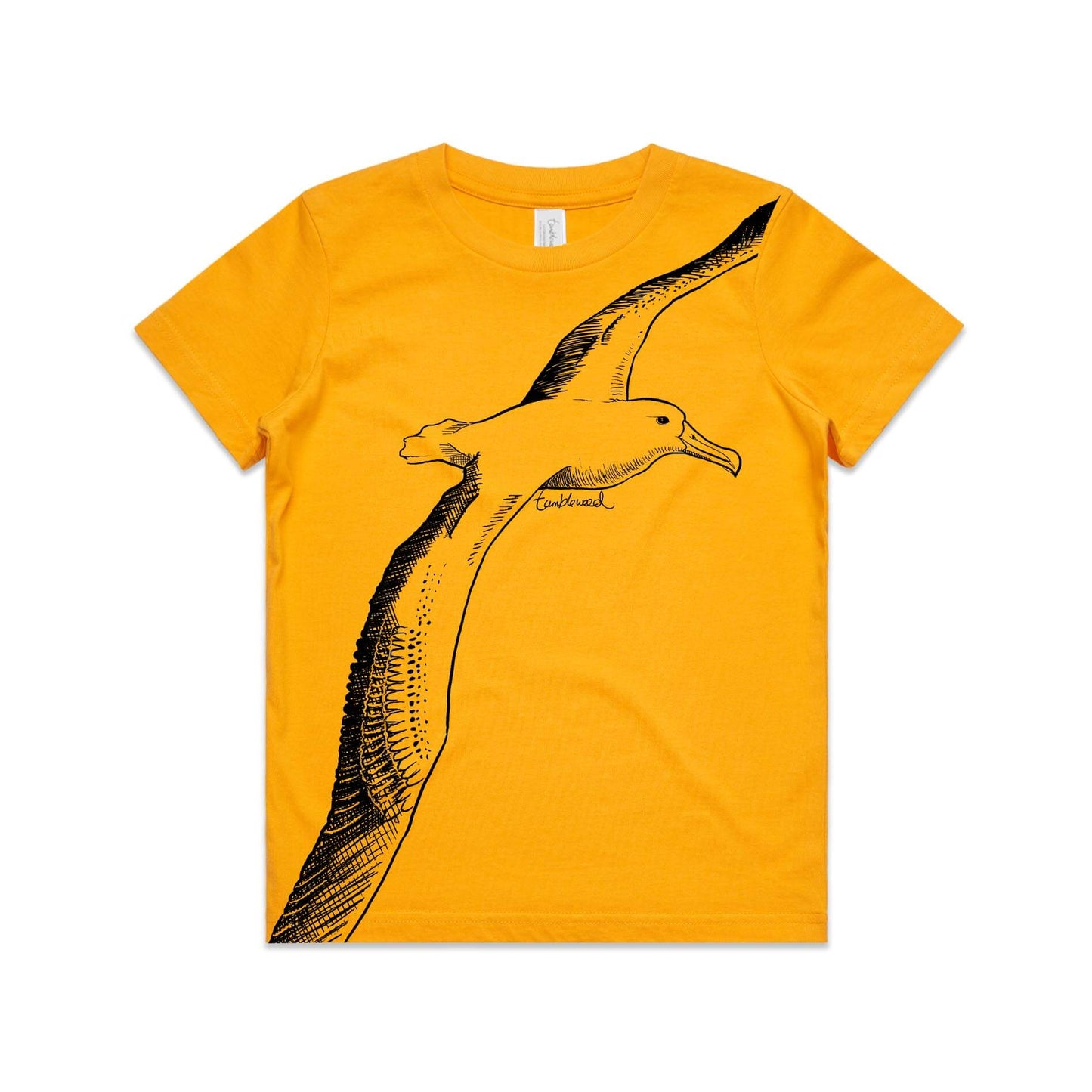 Gold, cotton kids' t-shirt with screen printed albatross design.