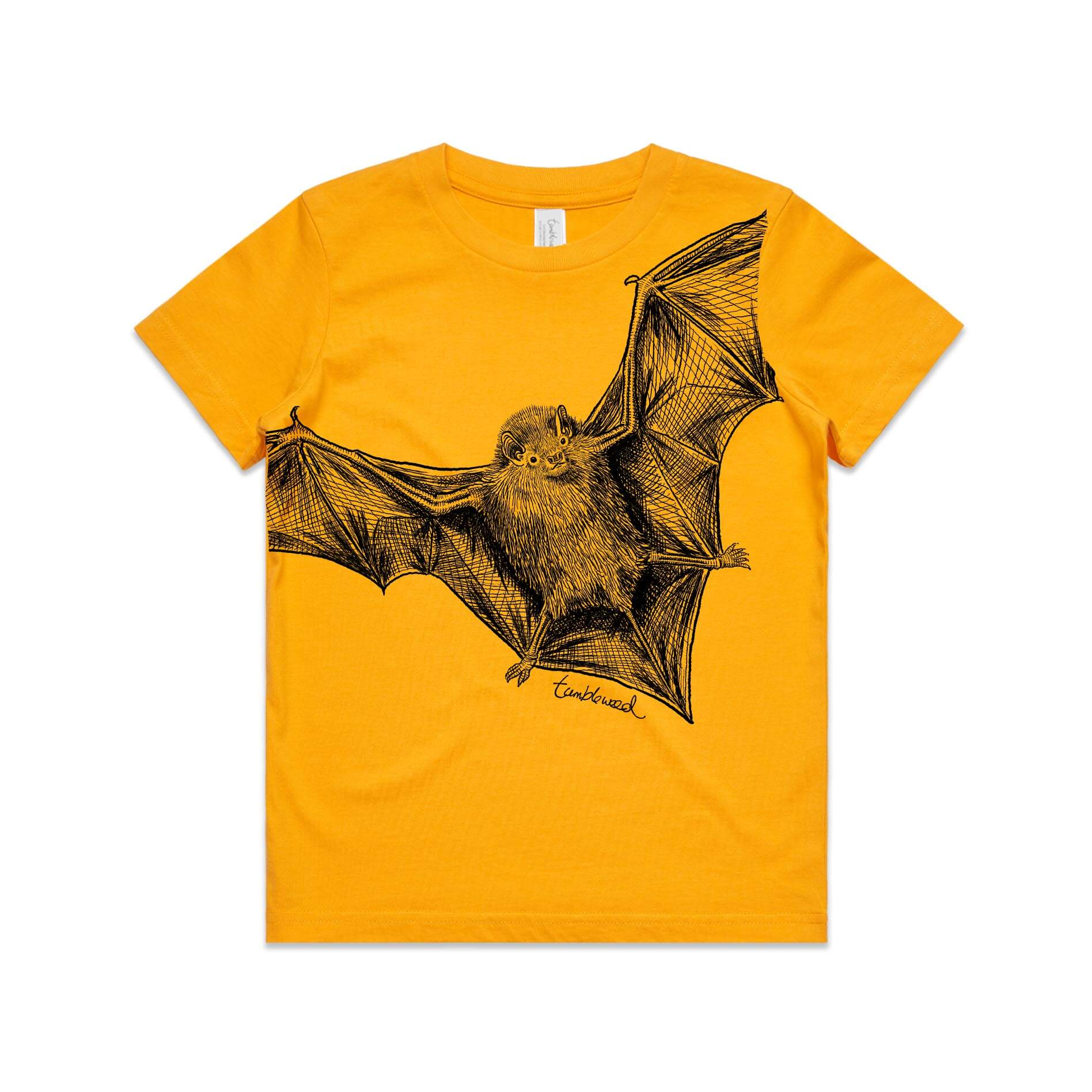 Gold, cotton kids' t-shirt with screen printed Kids bat design.