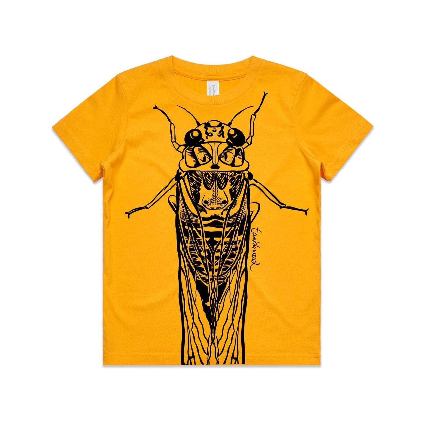 Gold, cotton kids' t-shirt with screen printed cicada/kihikihi-wawā design.