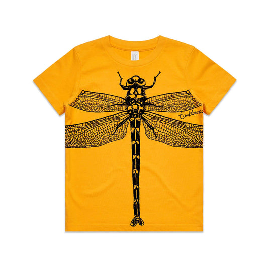 Gold, cotton kids' t-shirt with screen printed Kids dragonfly design.