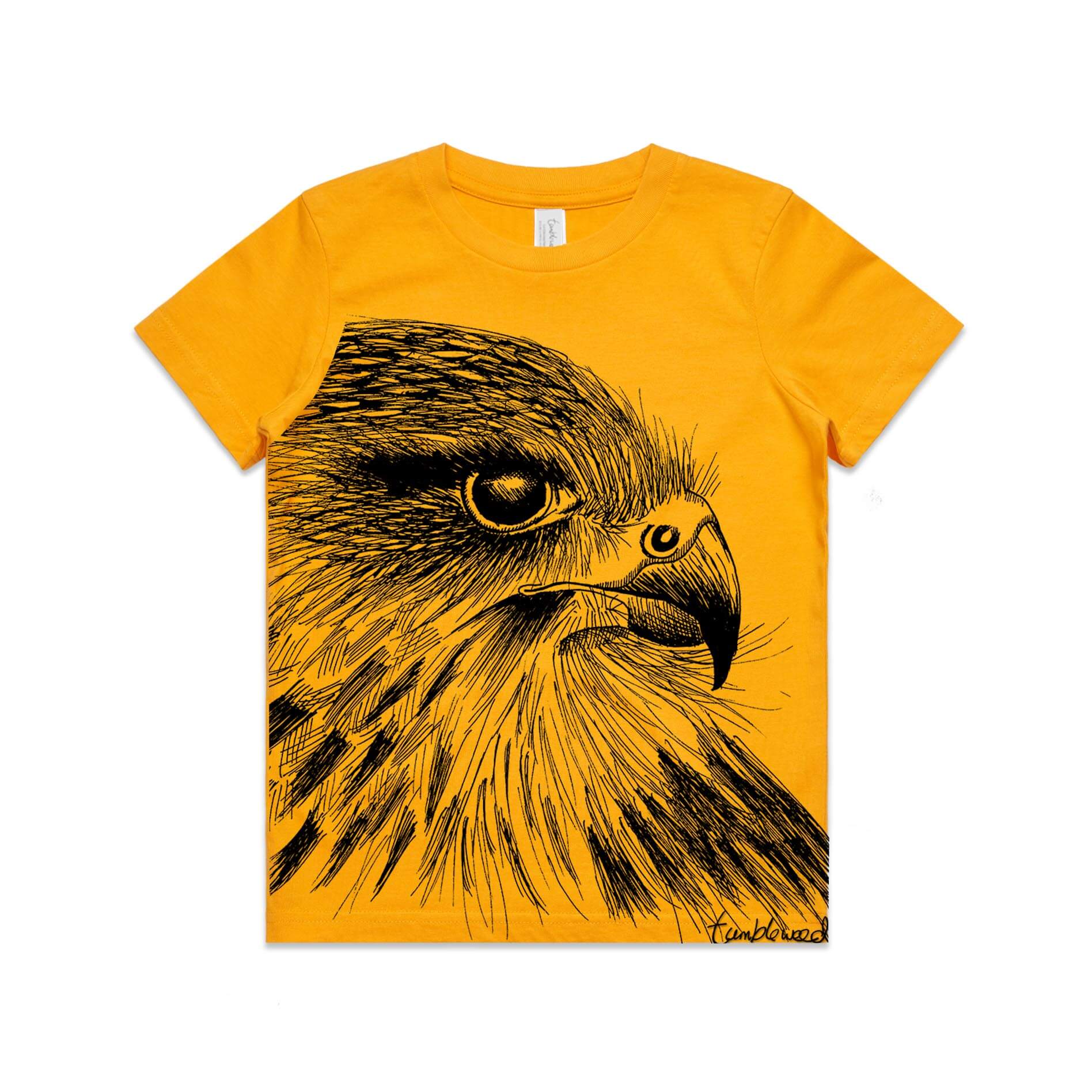Gold, cotton kids' t-shirt with screen printed Kids Karearea/NZ Falcon design.