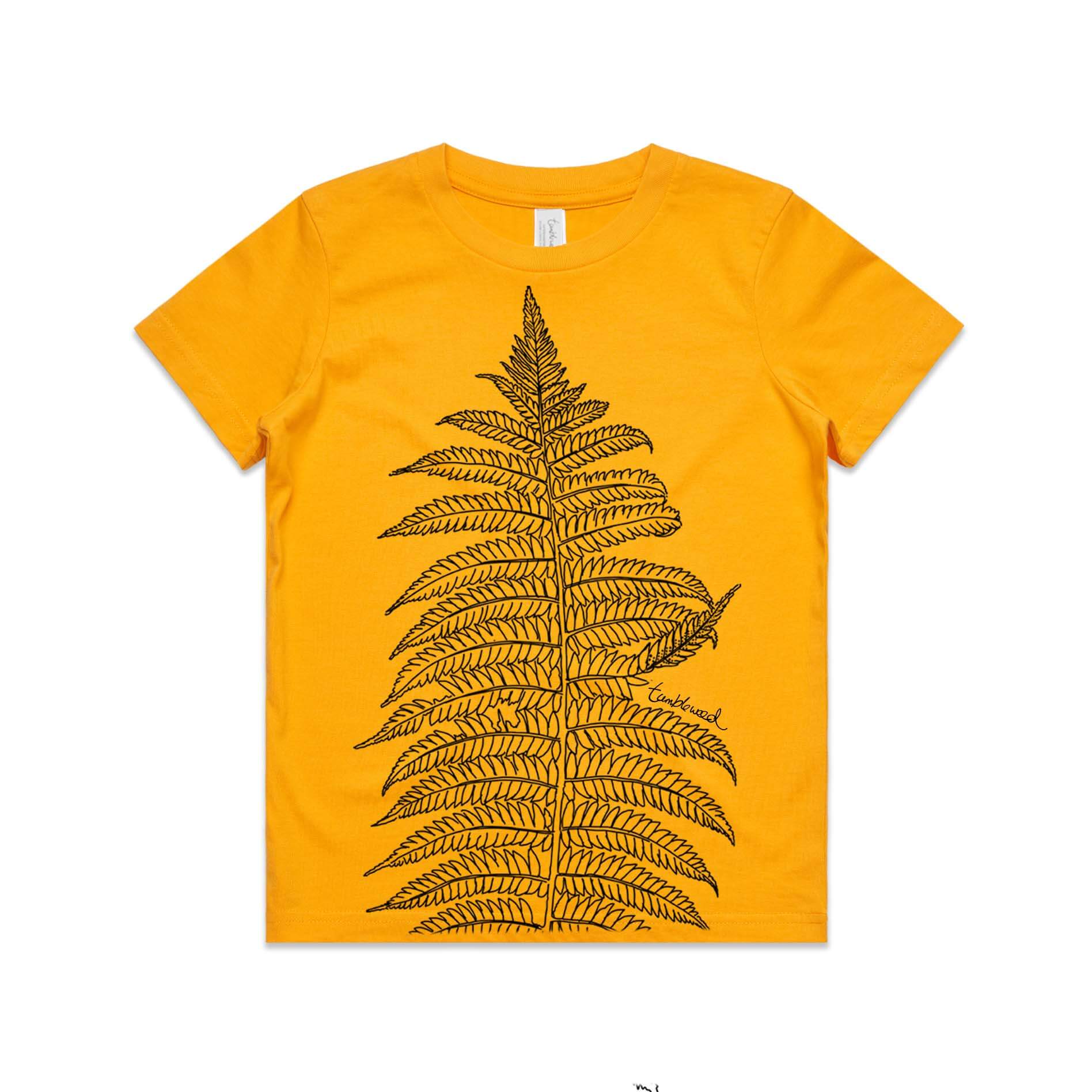 Gold, cotton kids' t-shirt with screen printed Silver fern/ponga design.