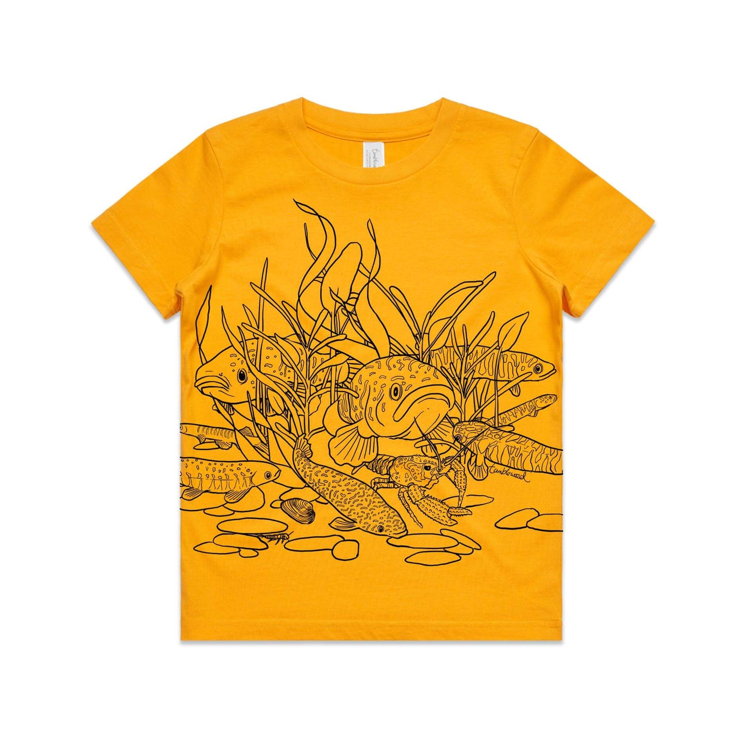 Gold, cotton kids' t-shirt with screen printed freshwater fish design.