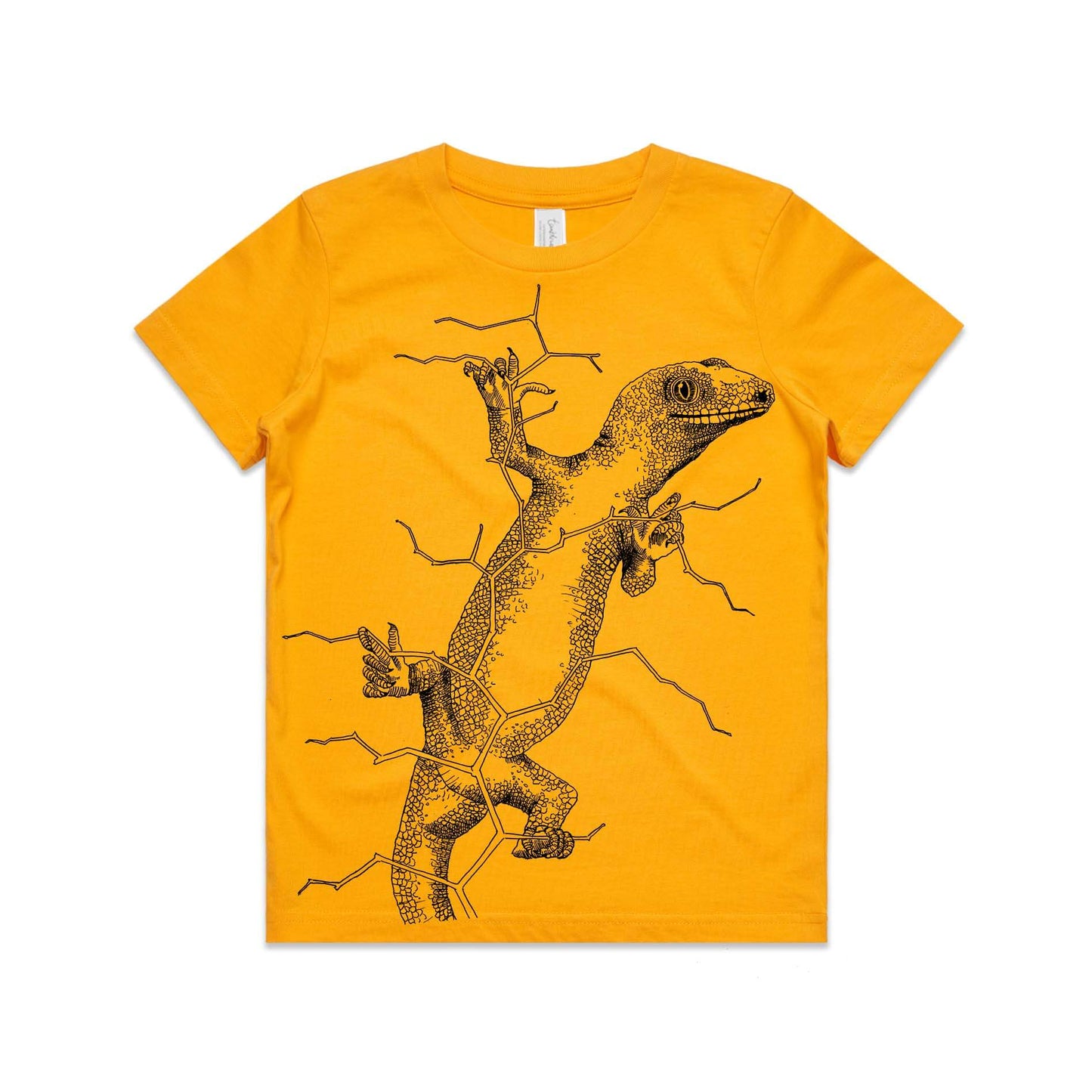 Gold, cotton kids' t-shirt with screen printed gecko design.