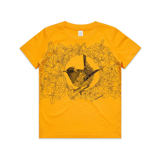 Gold, cotton kids' t-shirt with screen printed Kids hihi/stitchbird design.