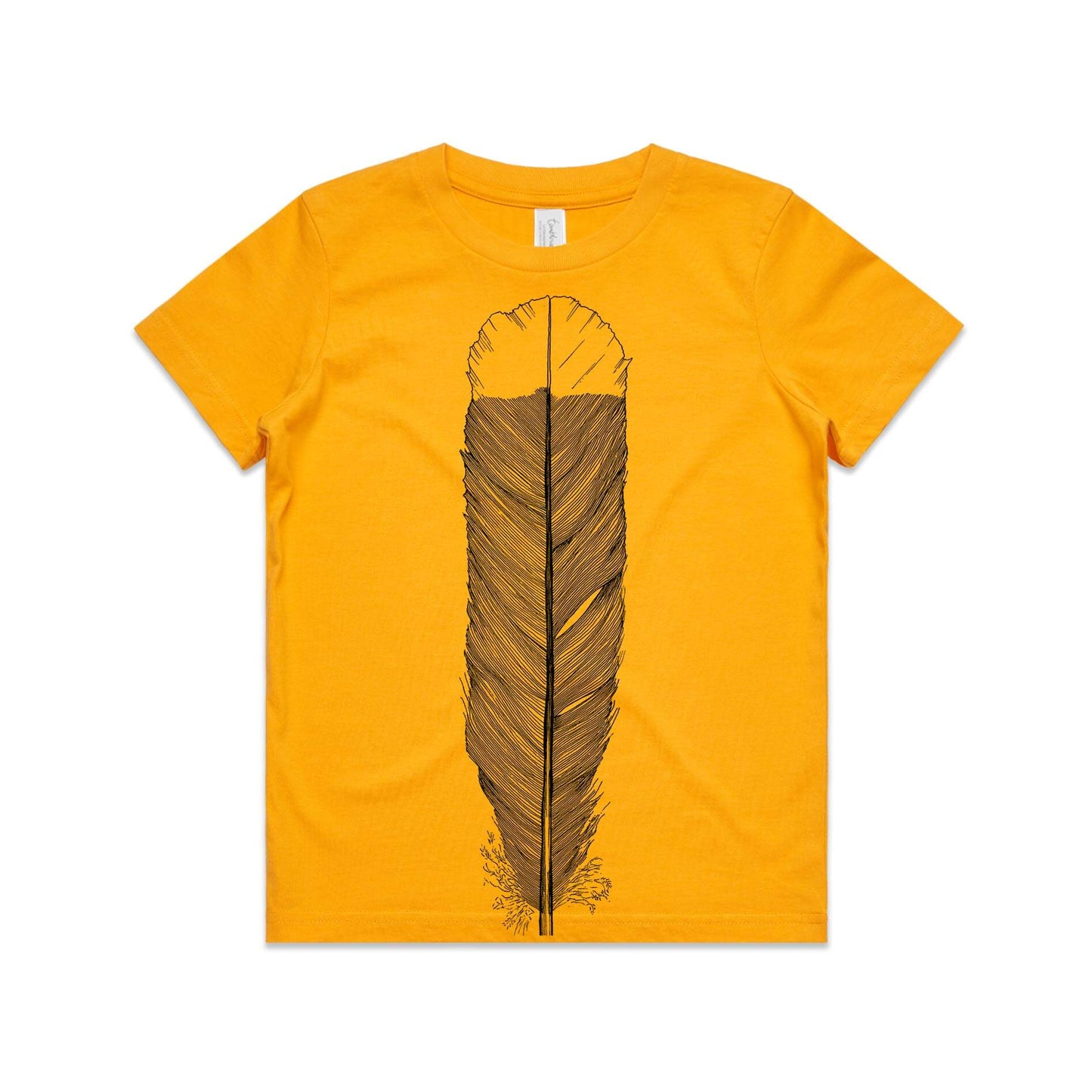 Gold, cotton kids' t-shirt with screen printed Kids huia feather design.