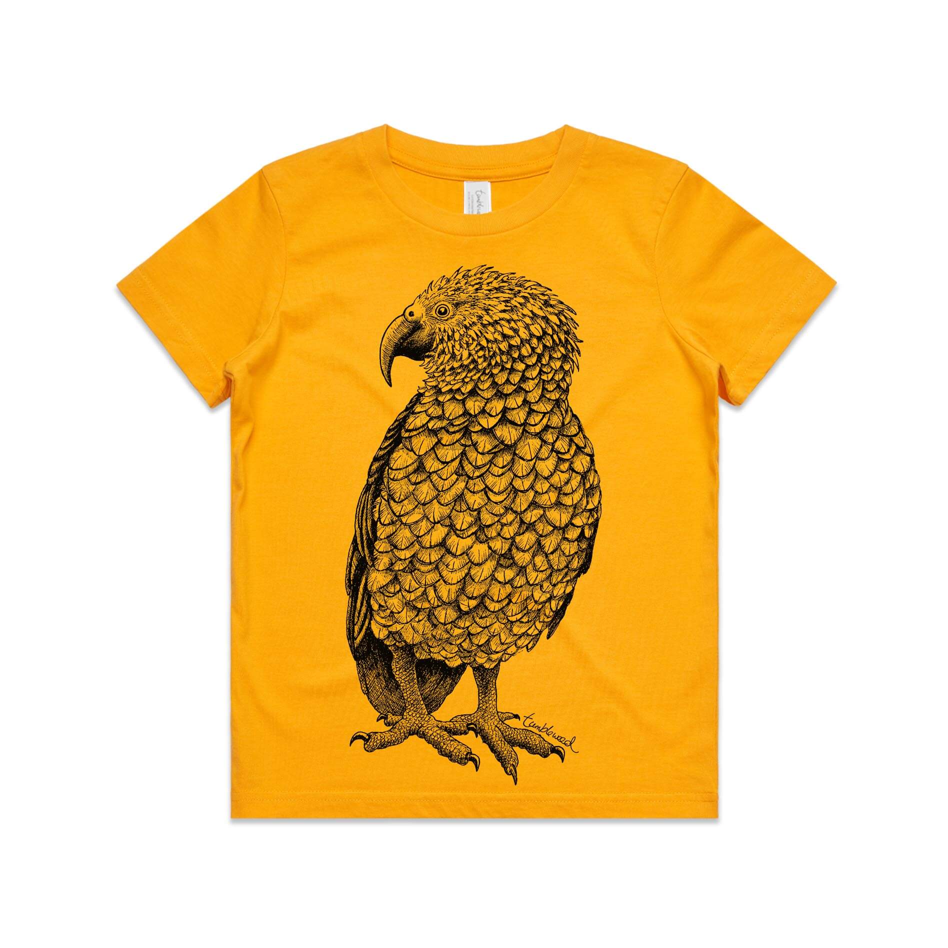Gold, cotton kids' t-shirt with screen printed Kids kea design.