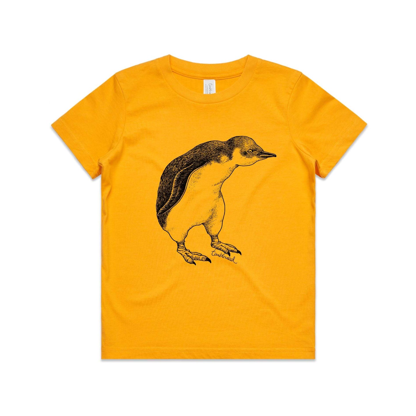 Gold, cotton kids' t-shirt with screen printed Kids kororā/little penguin design.