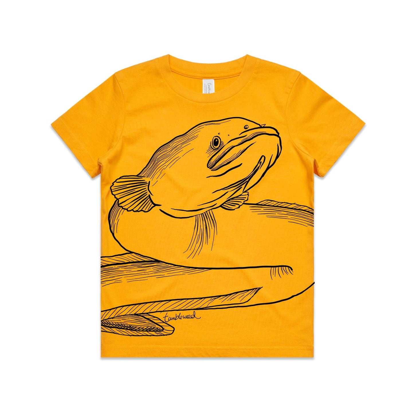 Gold, cotton kids' t-shirt with screen printed Long fin eel/tuna design.