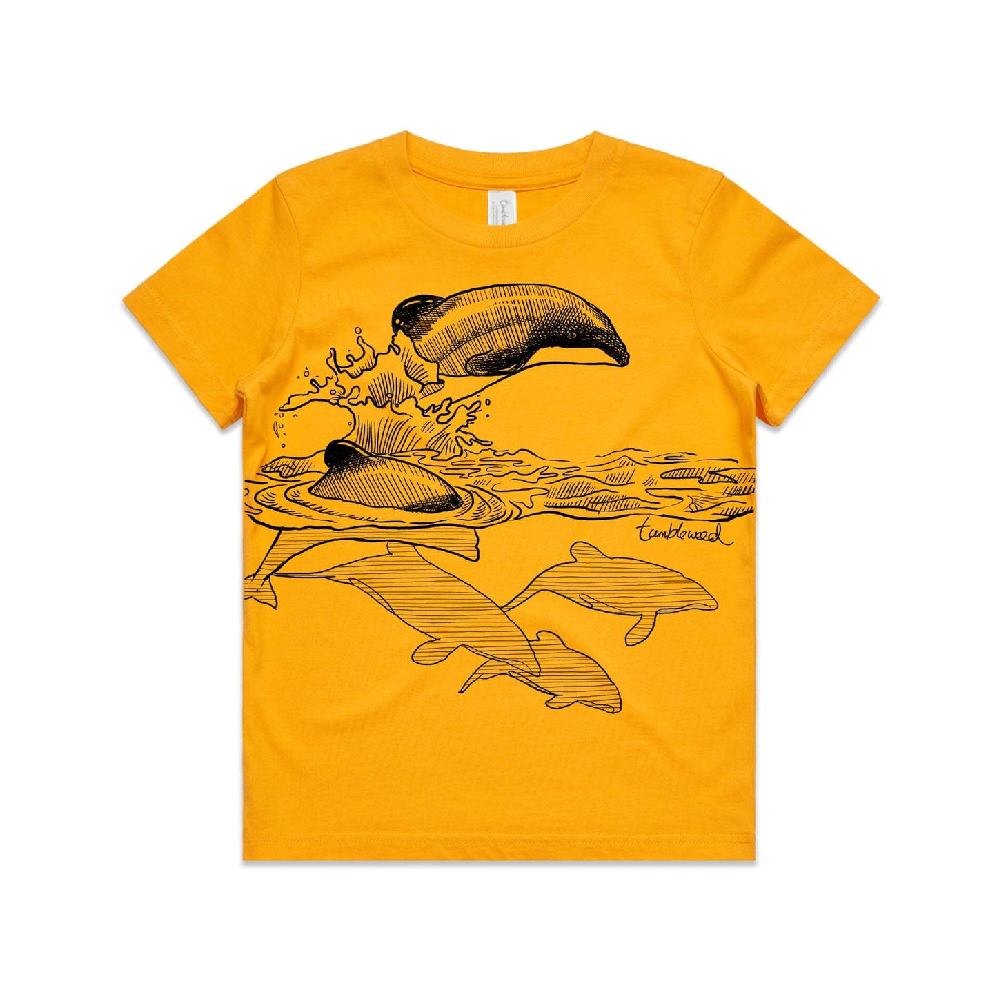Gold, cotton kids' t-shirt with screen printed ducks maui dolphin design.