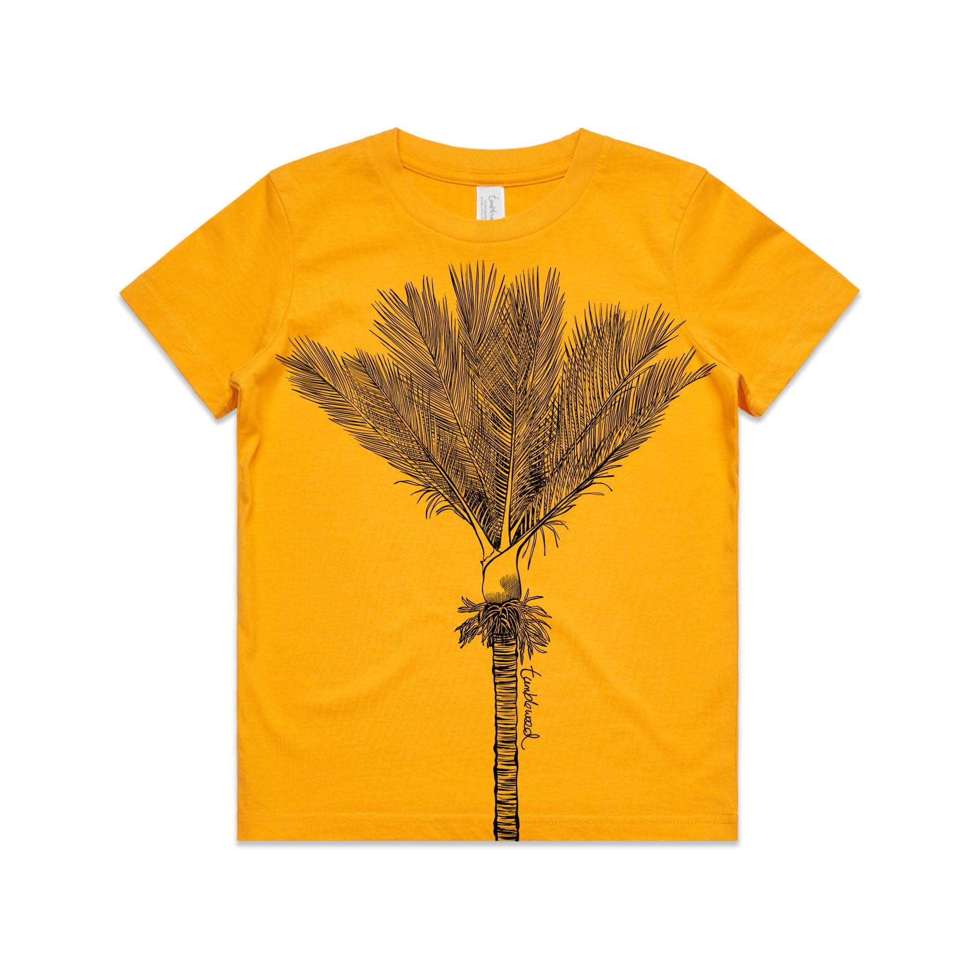 Gold, cotton kids' t-shirt with screen printed nīkau design.