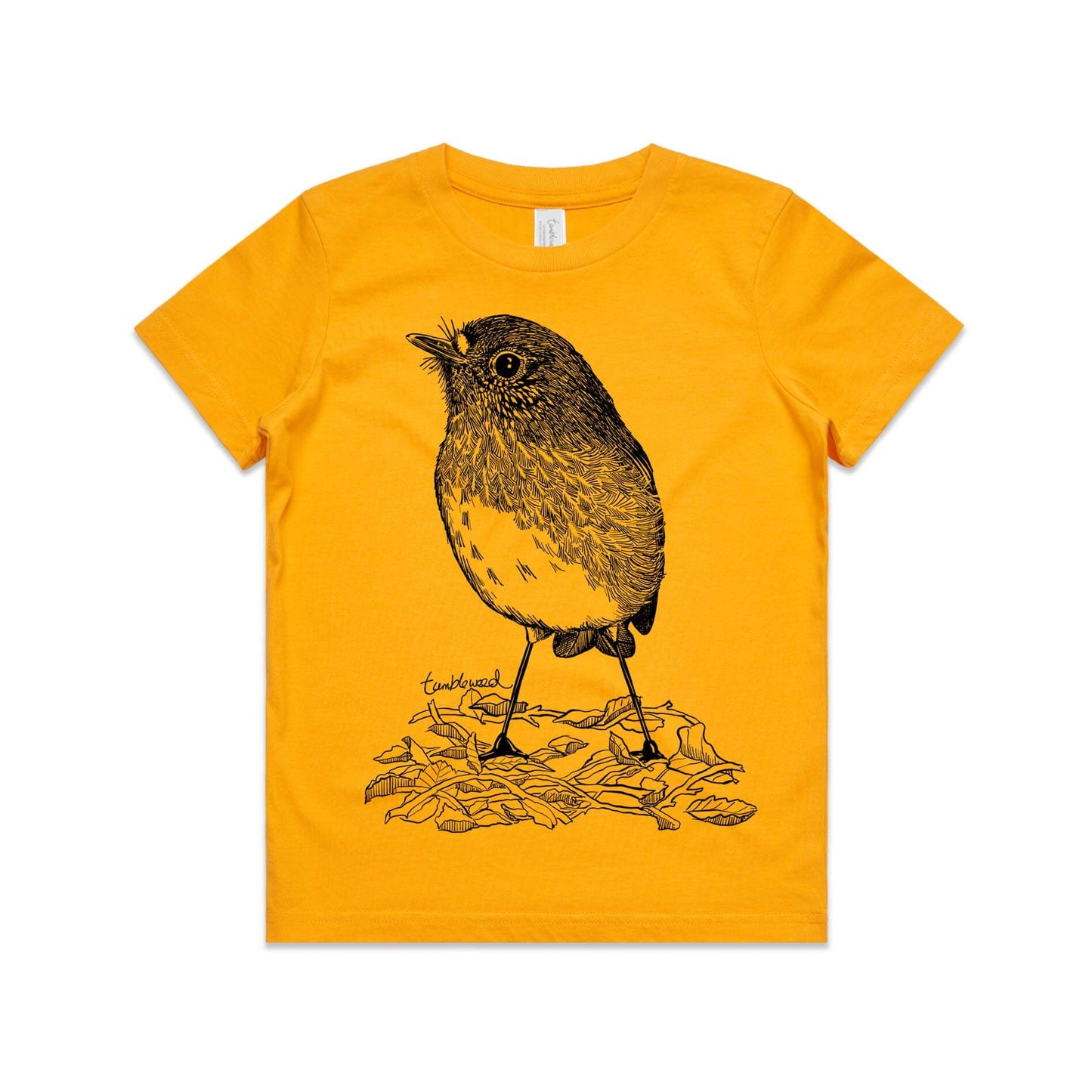 Gold, cotton kids' t-shirt with screen printed North Island robin/toutouwai design.