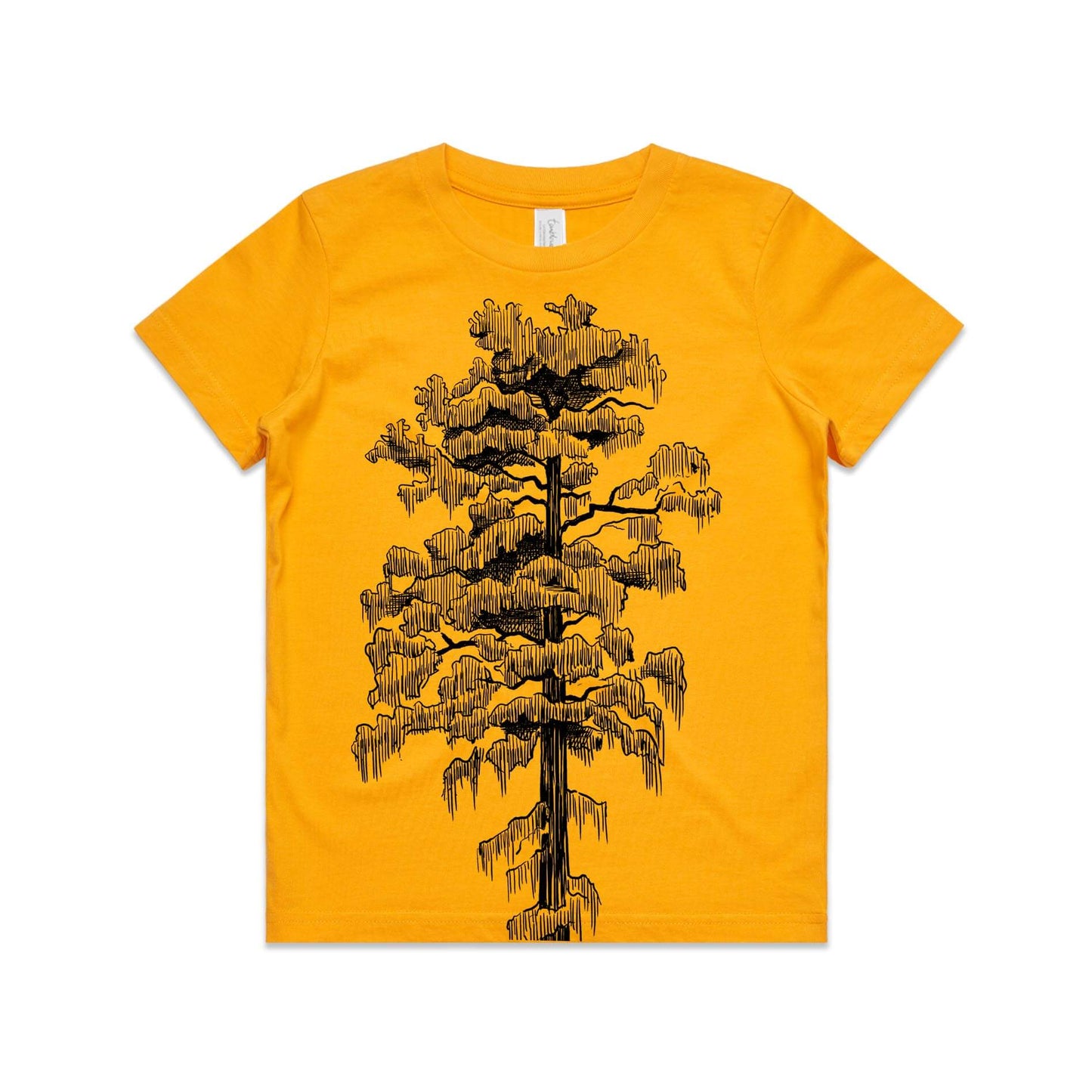 Gold, cotton kids' t-shirt with screen printed rimu design.