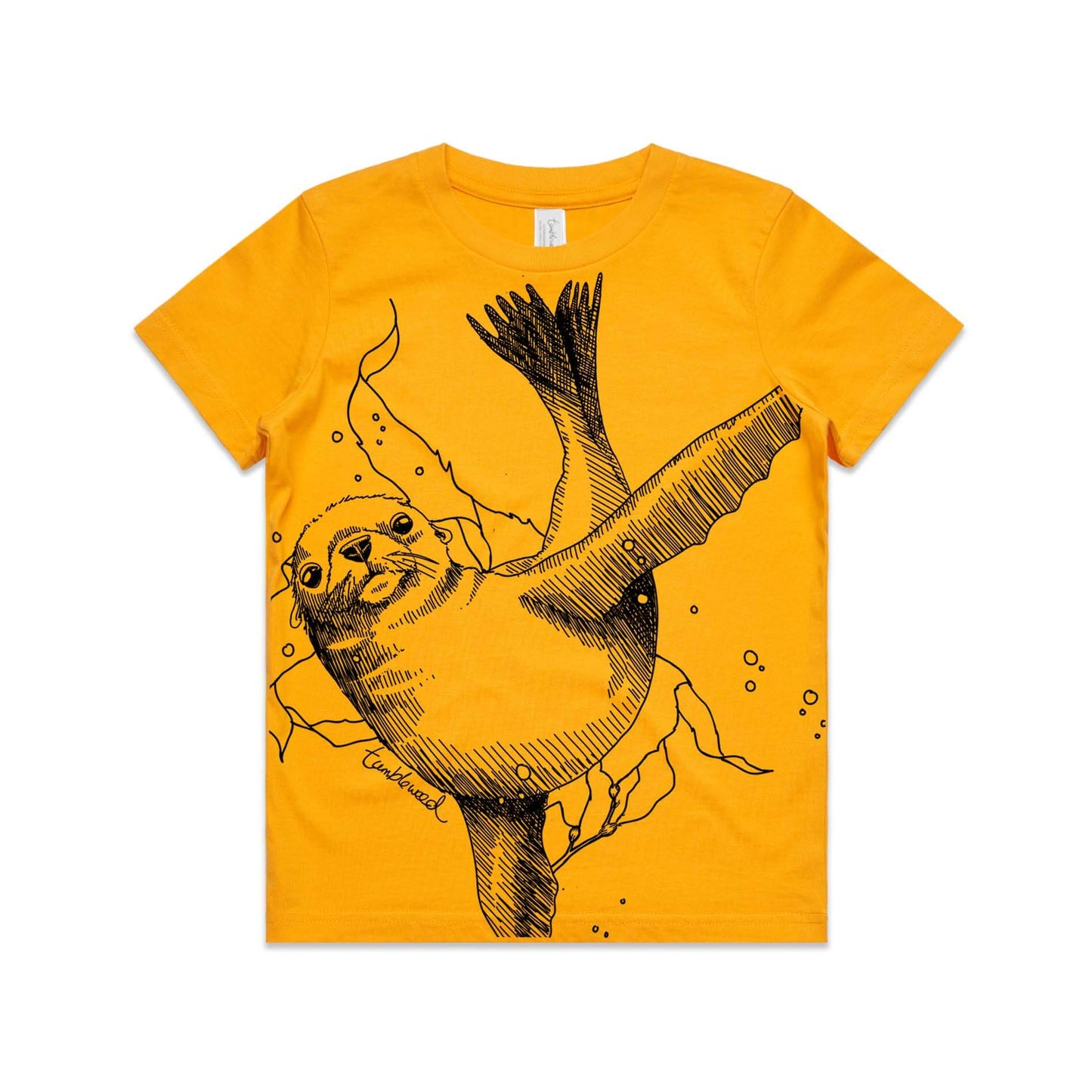 Gold, kids’ t-shirt featuring a screen printed New Zealand sea lion design.