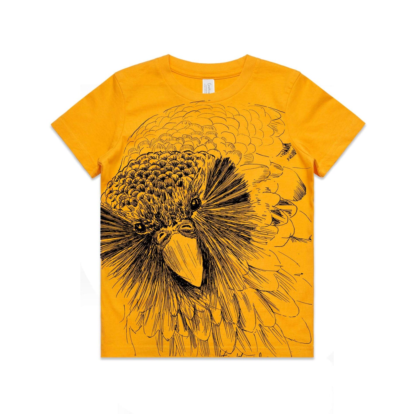 Gold, cotton kids' t-shirt with screen printed Sirocco the Kakapo design.